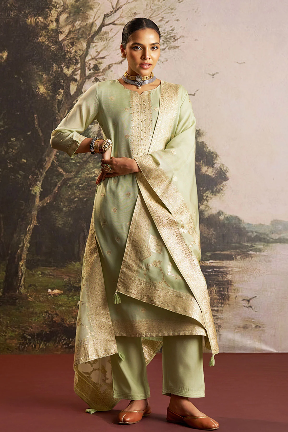 Pista Cotton Ready Made Suit with Neck Embroidery