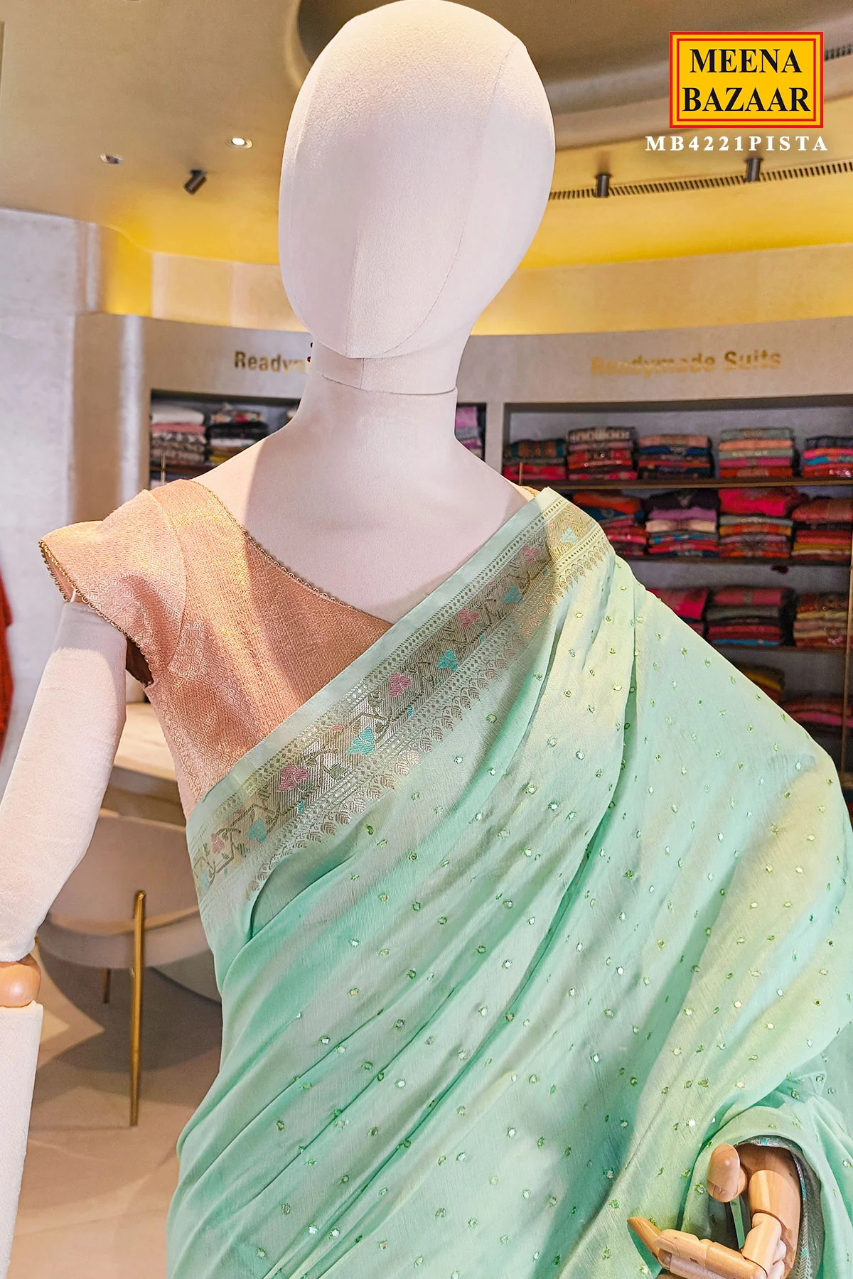 Pista Cotton Saree with Elegant Mirror Work for Festive & Ethnic Wear - Image 4