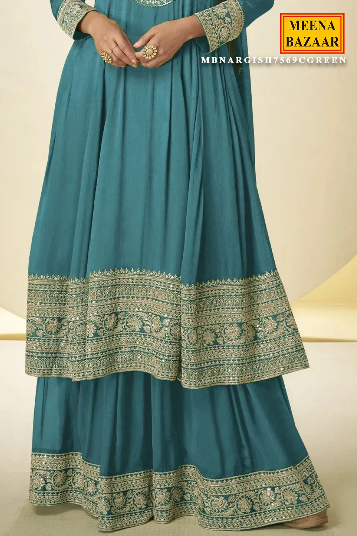 Green Chinon Embroidered Readymade Suit - Image 3