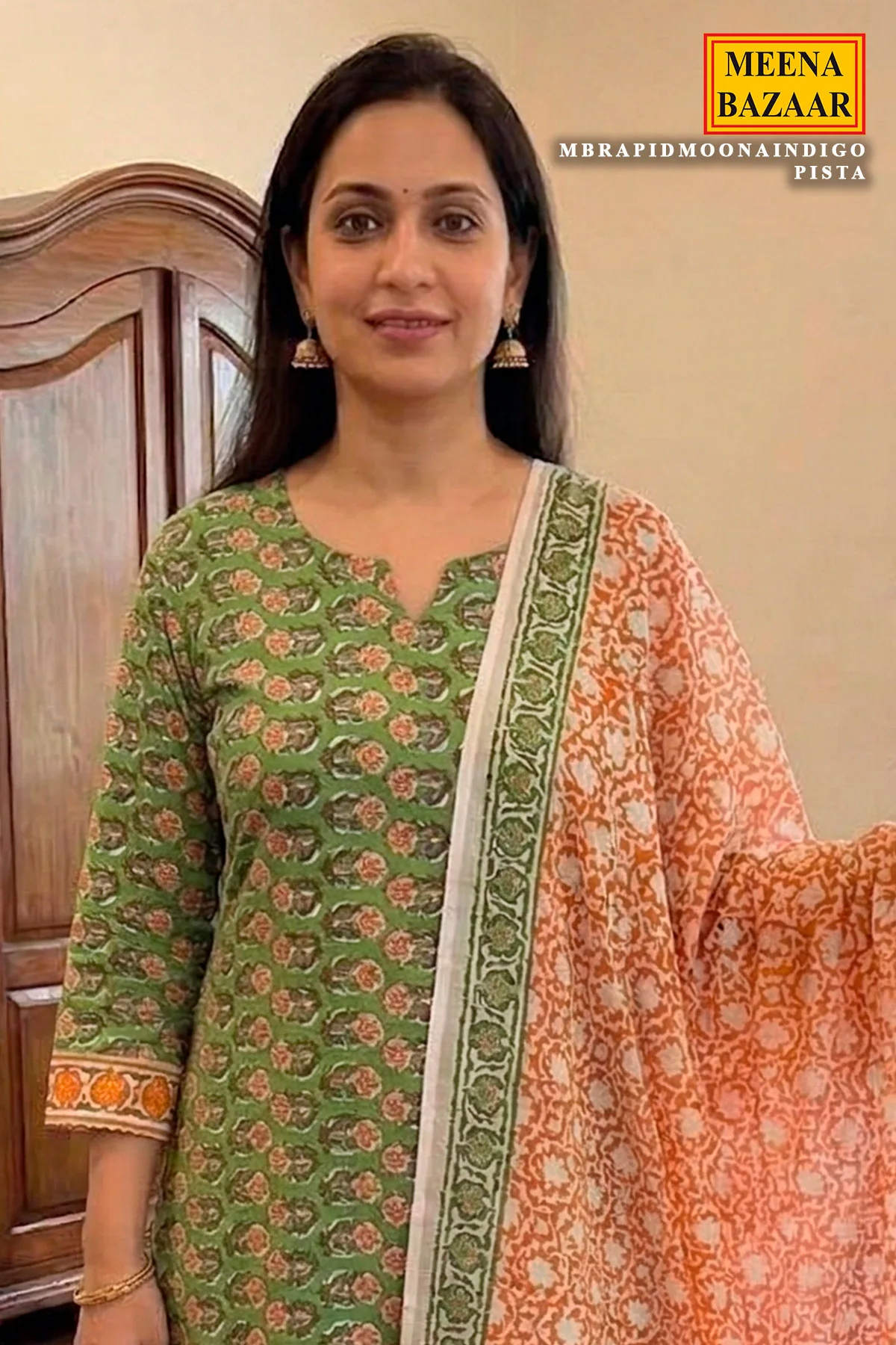 Pista Green Cotton Printed Unstitched Suit – Elegant Daily Wear - Image 2