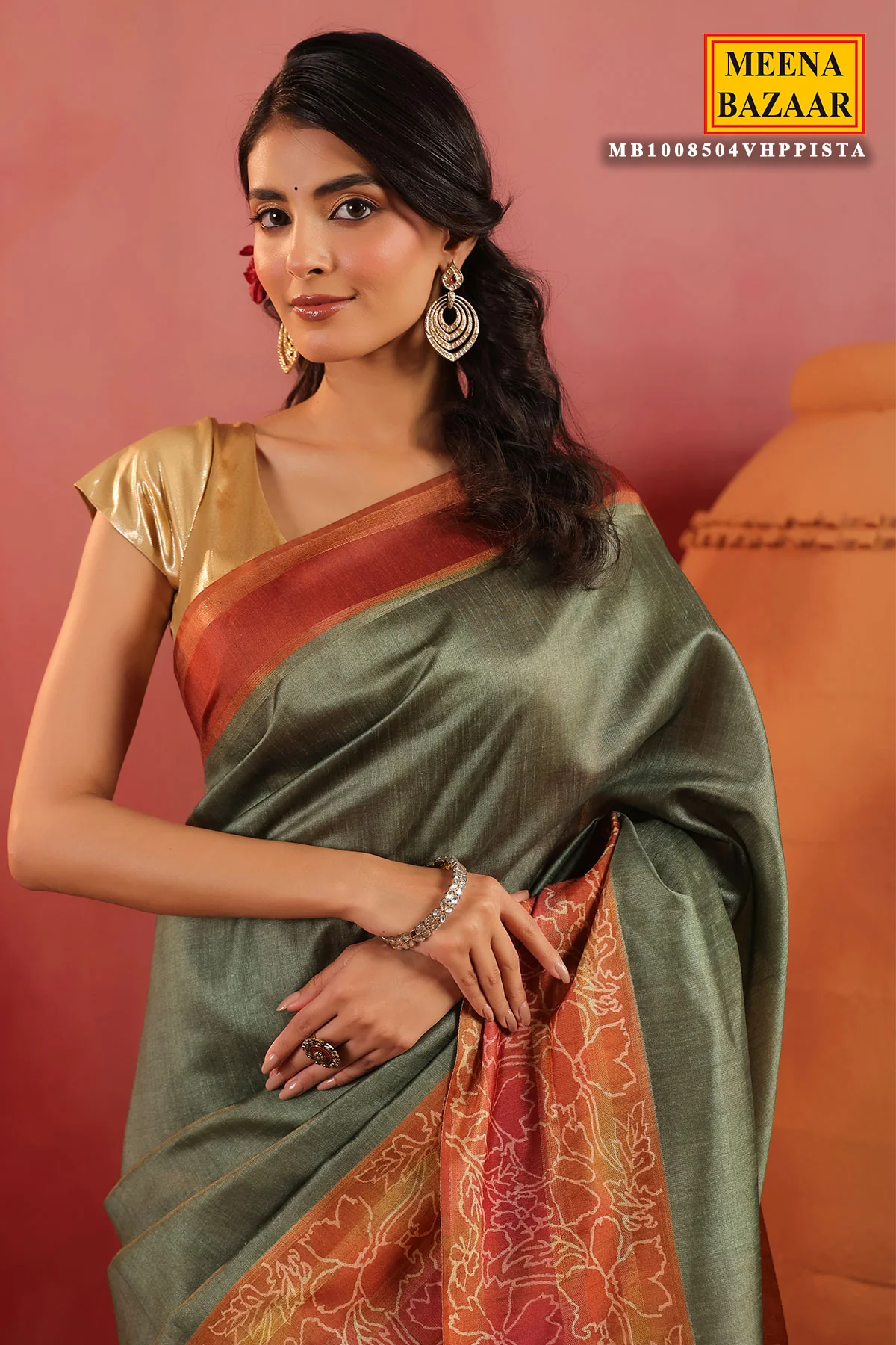 Pista Green Silk Saree with Contrast Rust Border & Floral Pallu - Image 2