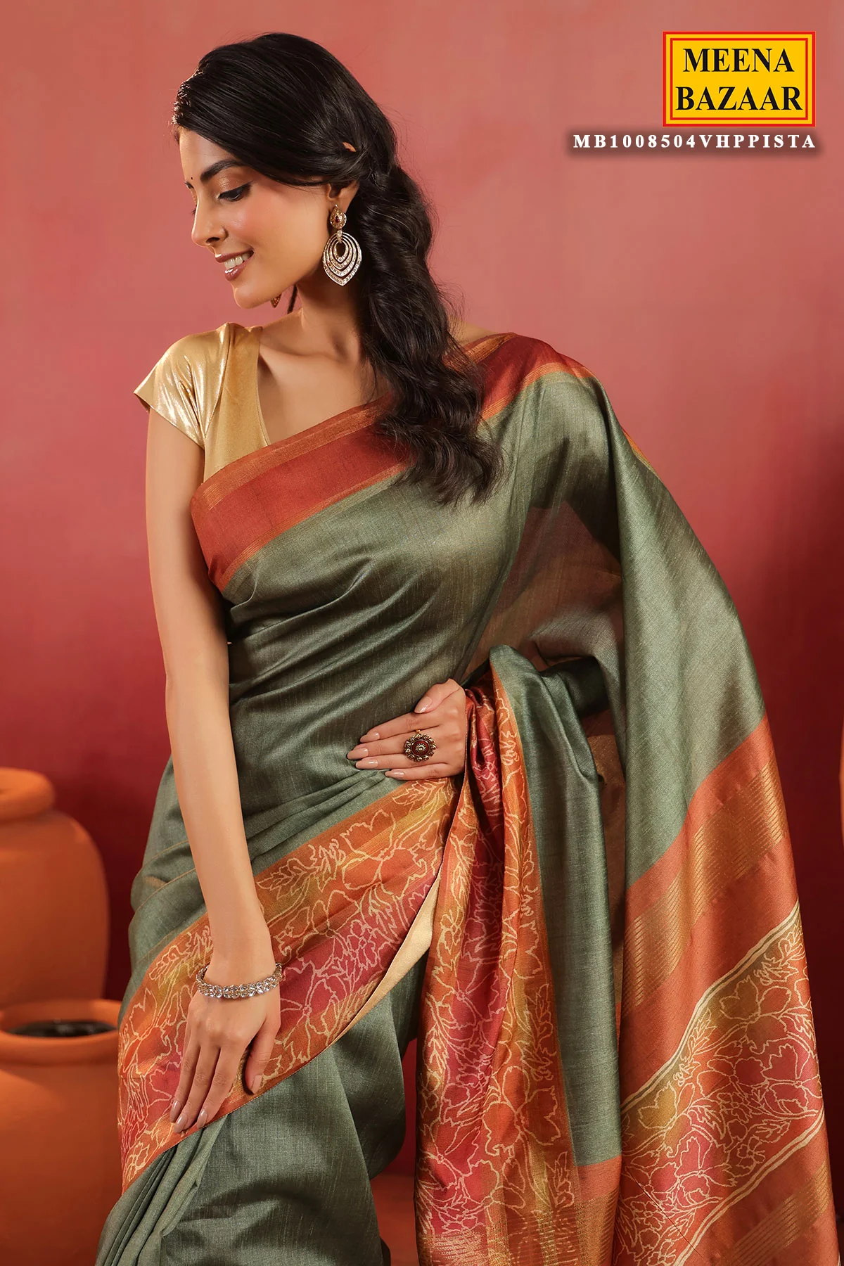 Pista Green Silk Saree with Contrast Rust Border & Floral Pallu - Image 3
