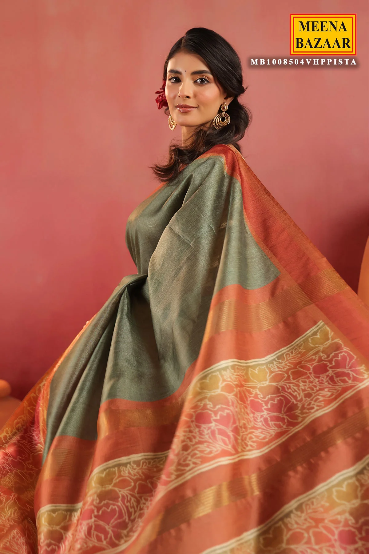 Pista Green Silk Saree with Contrast Rust Border & Floral Pallu - Image 4