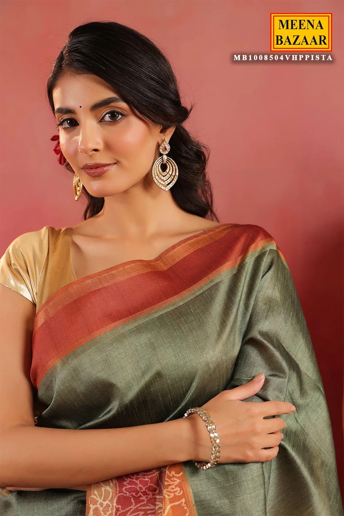 Pista Green Silk Saree with Contrast Rust Border & Floral Pallu - Image 5