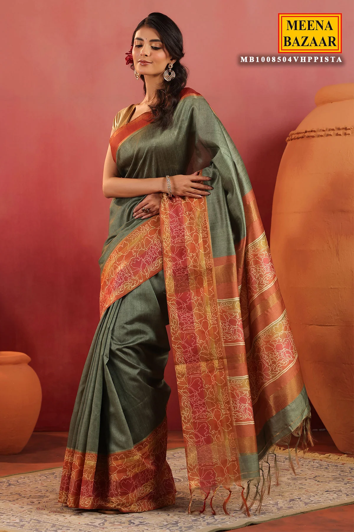 Pista Green Silk Saree with Contrast Rust Border & Floral Pallu - Image 6
