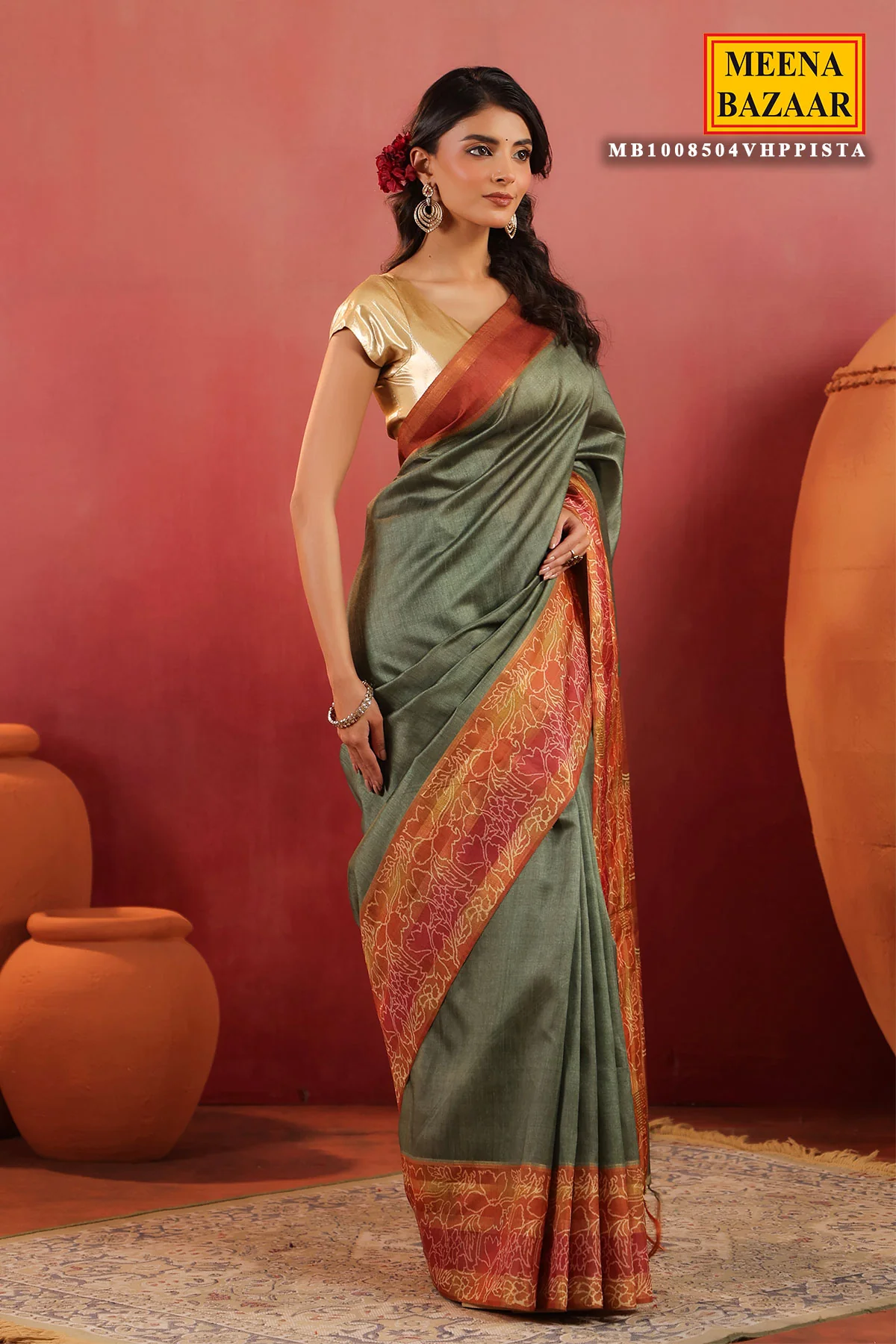 Pista Green Silk Saree with Contrast Rust Border & Floral Pallu - Image 7