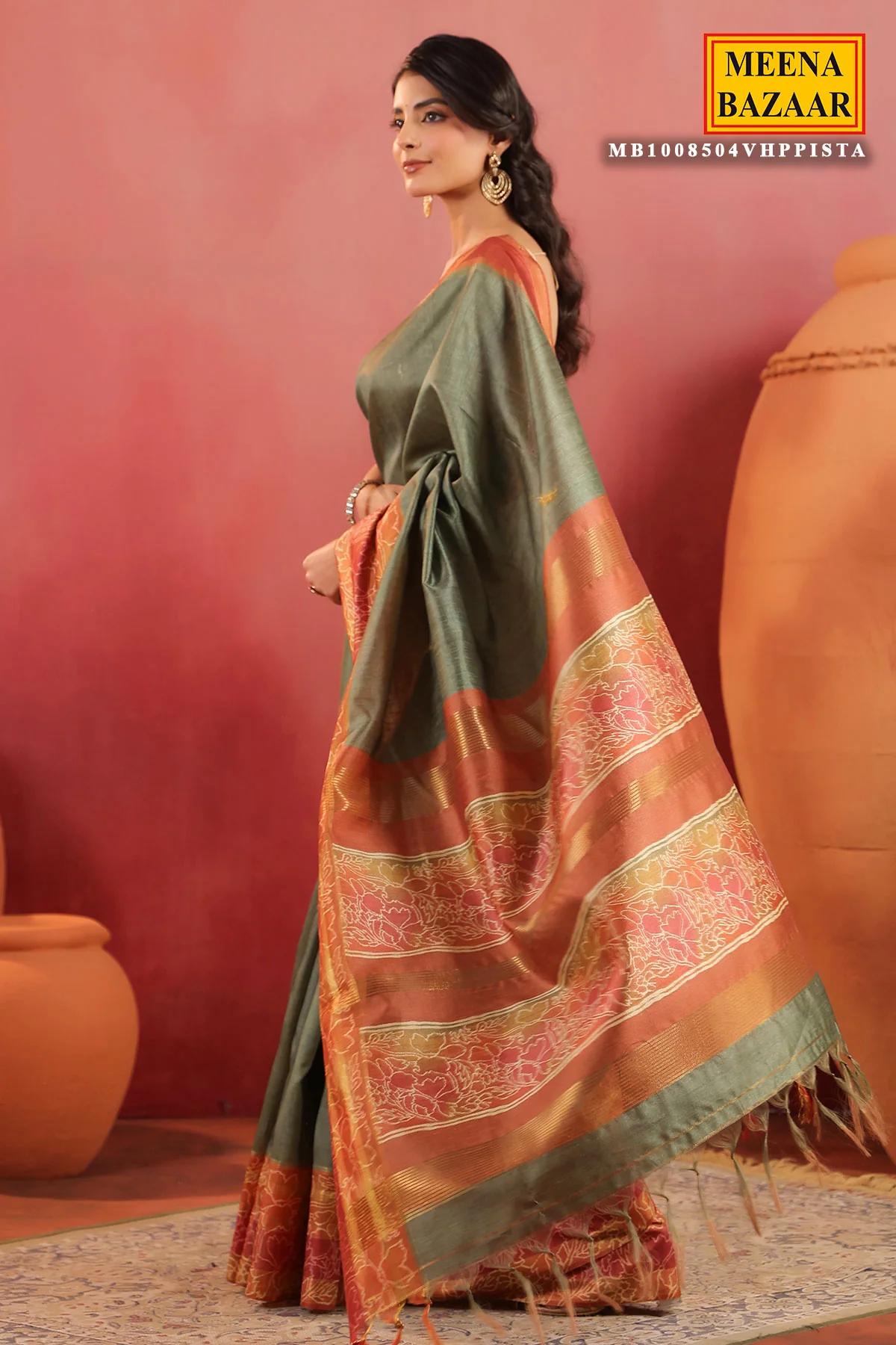 Pista Green Silk Saree with Contrast Rust Border & Floral Pallu - Image 8