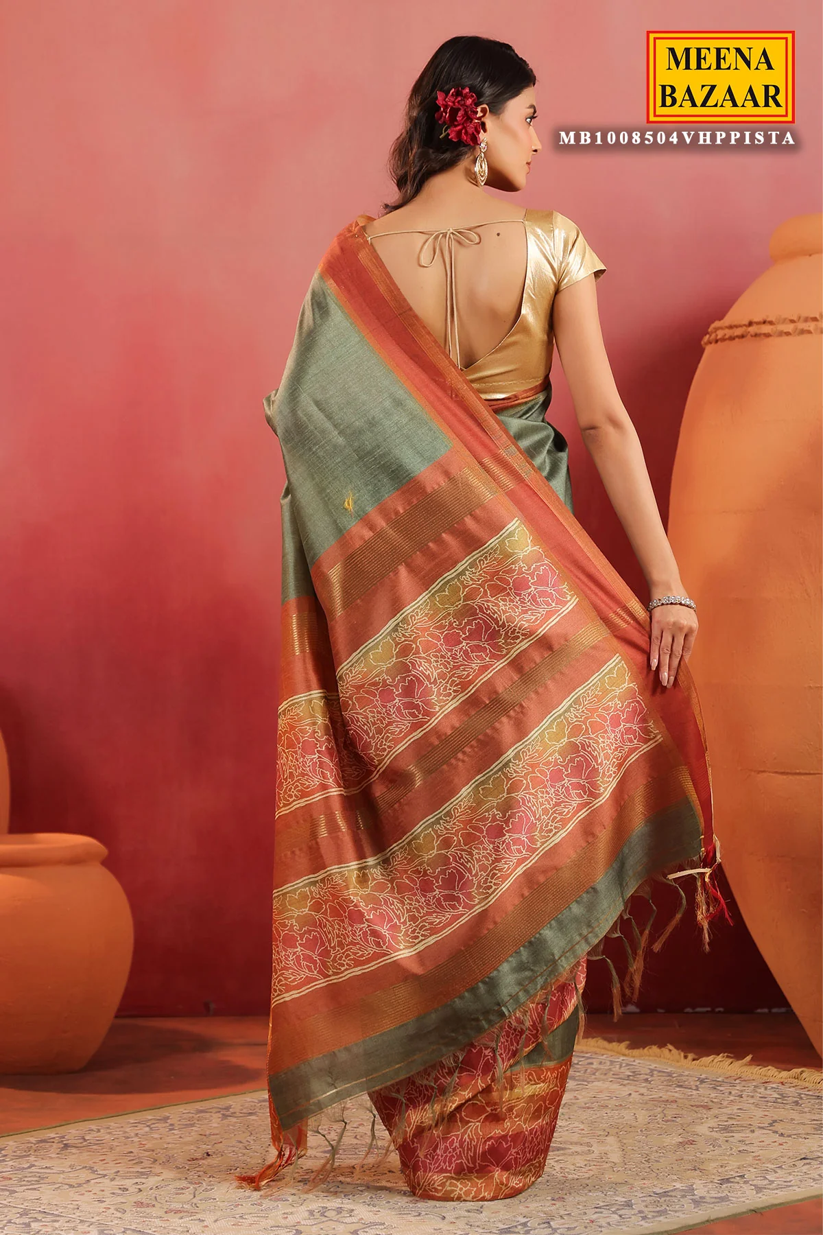 Pista Green Silk Saree with Contrast Rust Border & Floral Pallu - Image 9