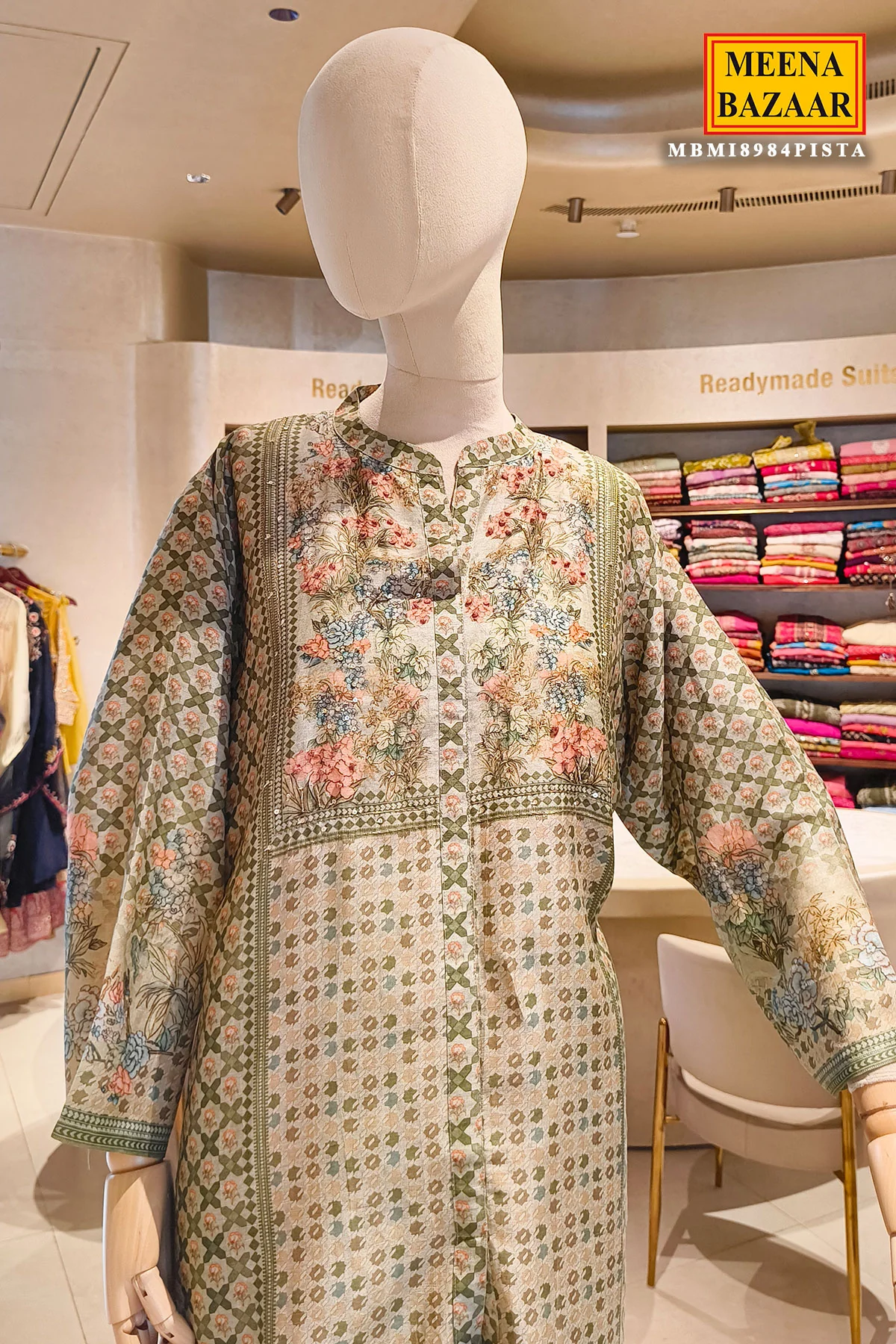 Pista Printed Kurta Set with Floral Yoke - Image 3