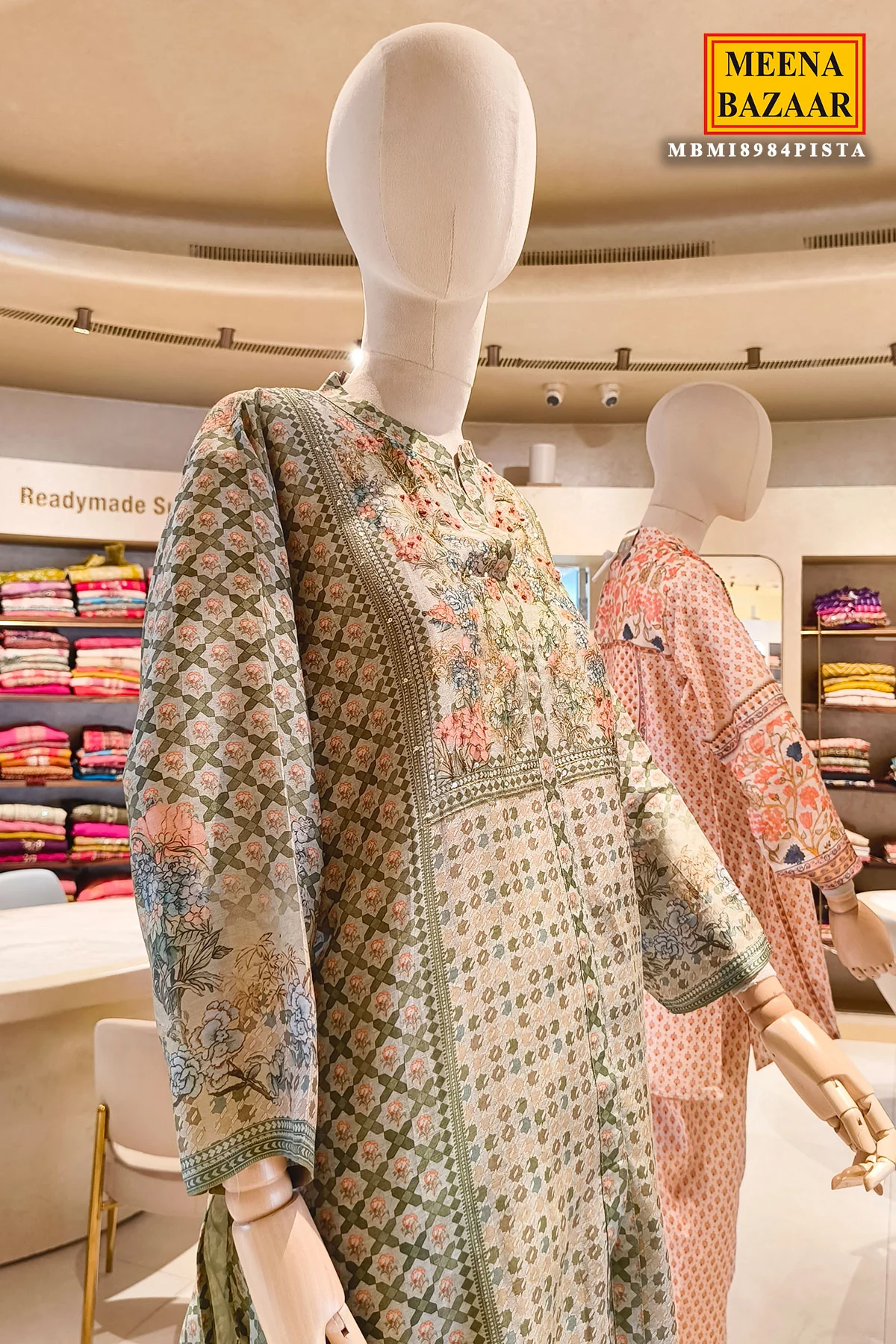 Pista Printed Kurta Set with Floral Yoke - Image 4