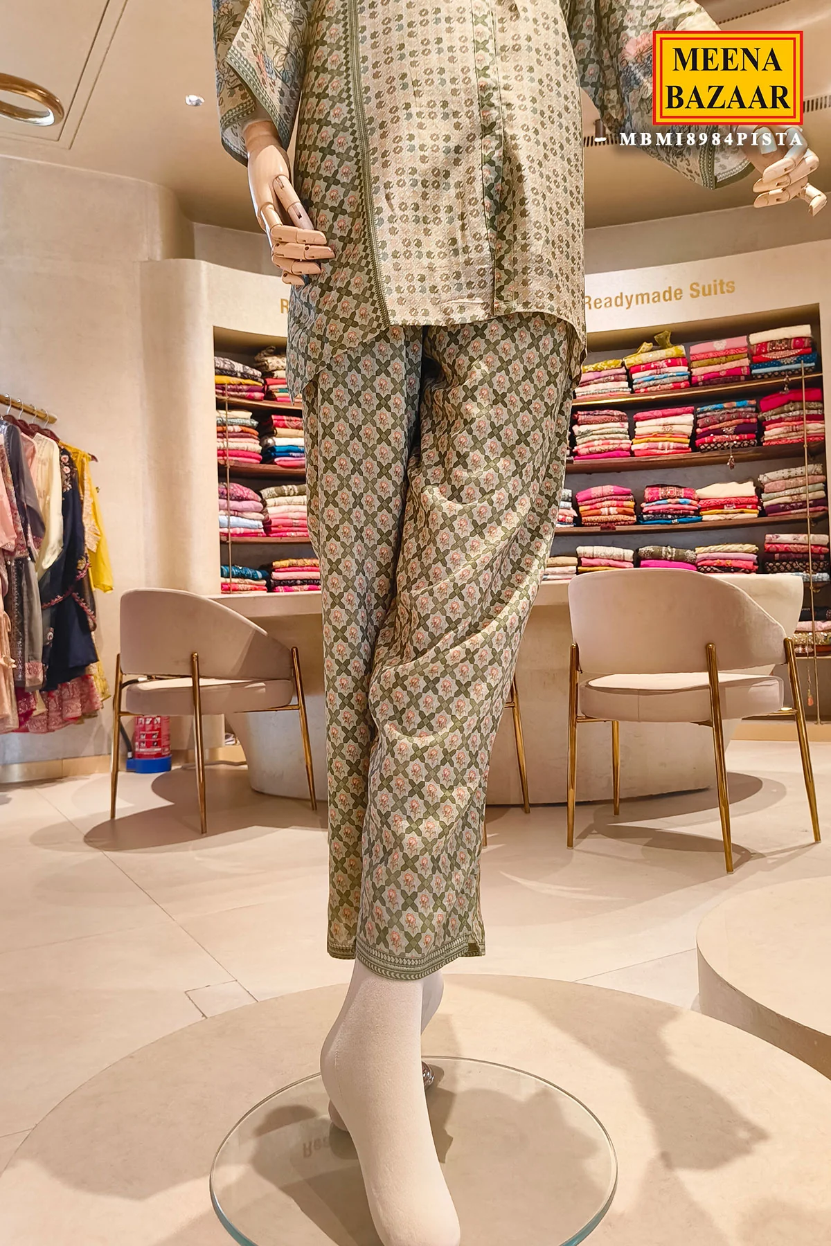 Pista Printed Kurta Set with Floral Yoke - Image 5