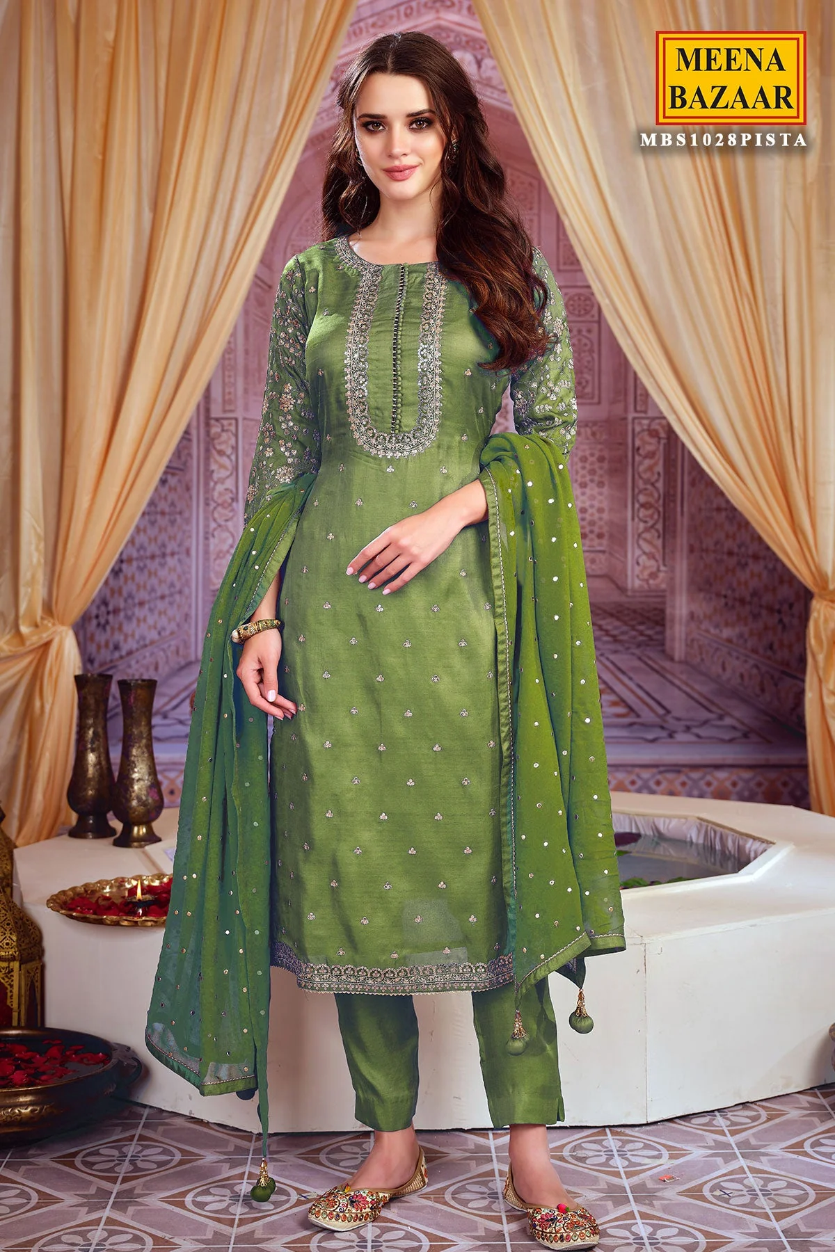 Pista Silk Zari Sequins Embroidered Unstitched Suit - Image 2