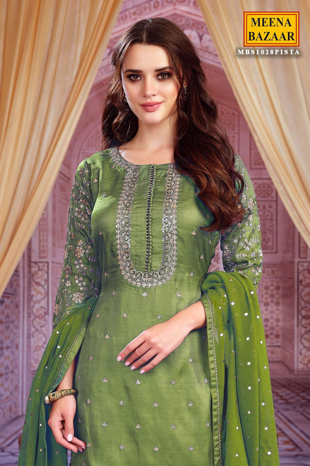 Pista Silk Zari Sequins Embroidered Unstitched Suit - Image 3