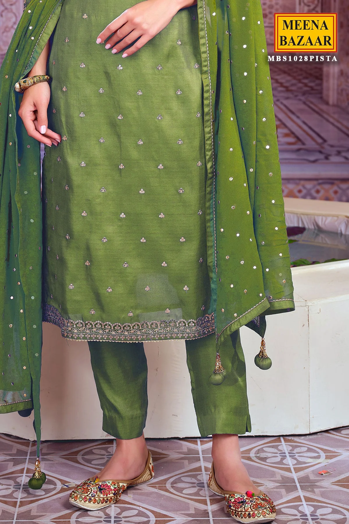 Pista Silk Zari Sequins Embroidered Unstitched Suit - Image 4