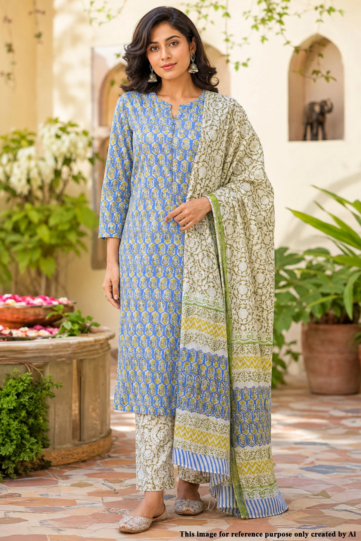 Printed Cotton Suit Set with Floral Pants & Statement Dupatta