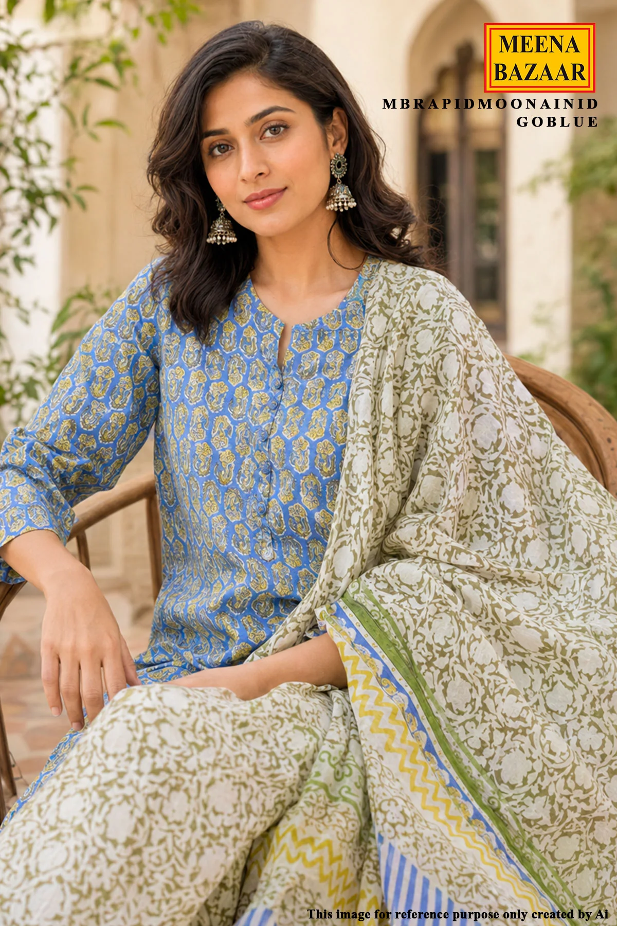 Printed Cotton Suit Set with Floral Pants & Statement Dupatta - Image 2