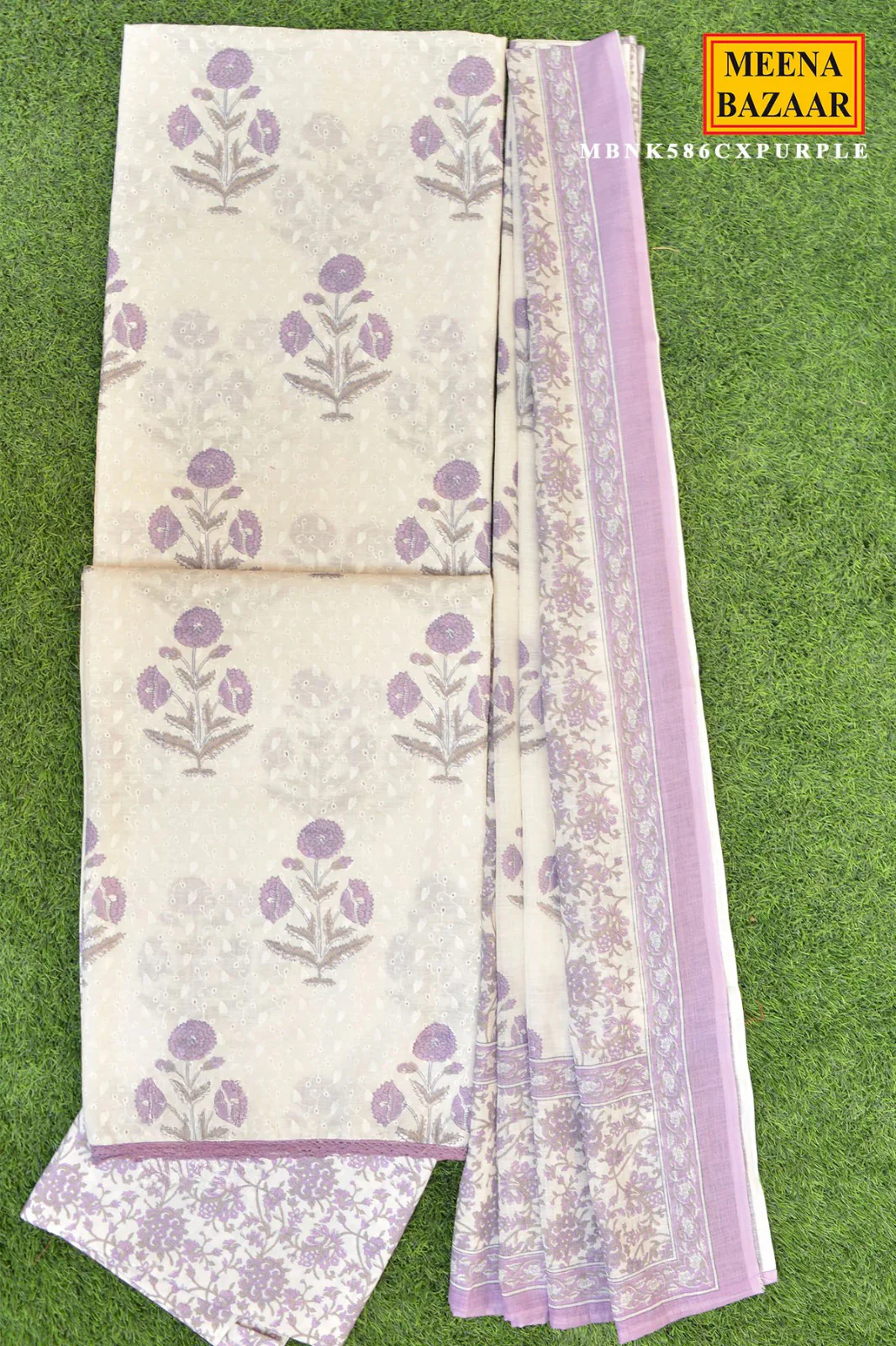 Purple Bloom Printed Cotton Suit Set with Dupatta - Image 2