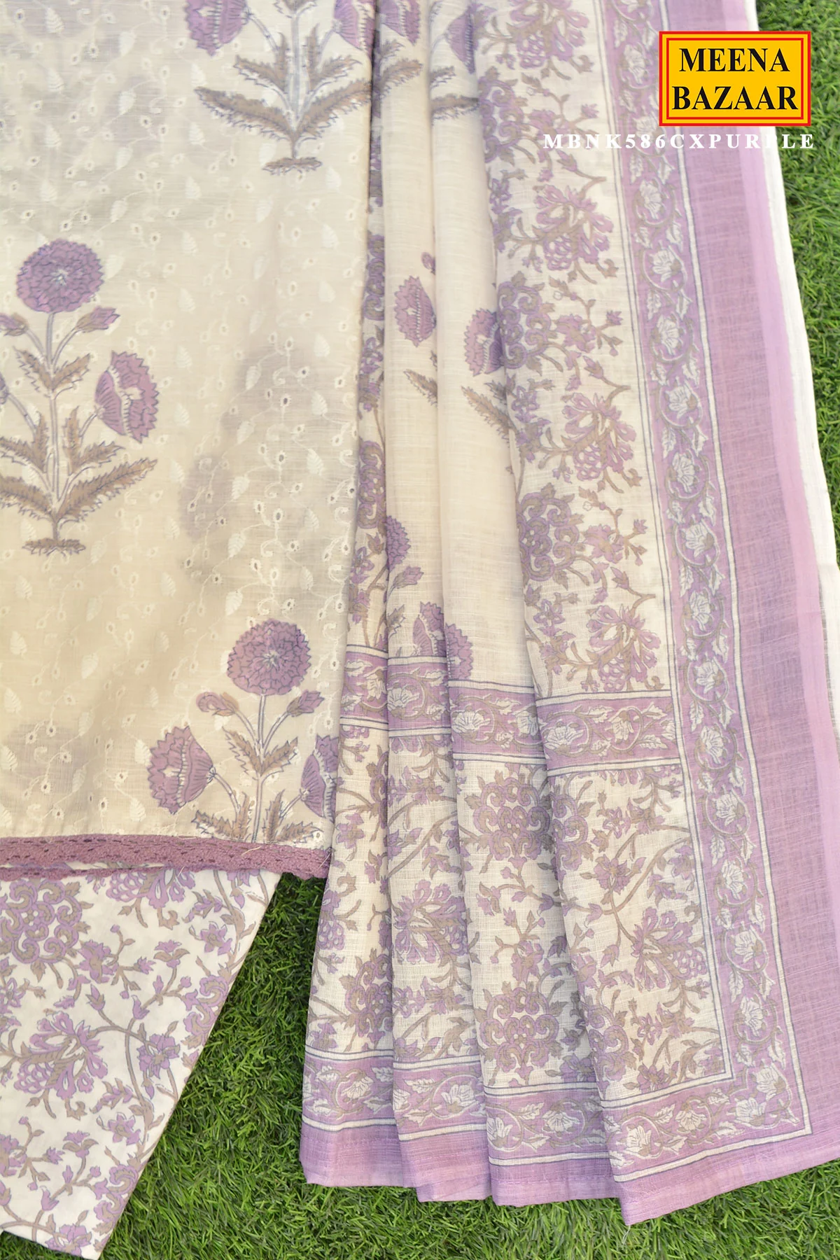 Purple Bloom Printed Cotton Suit Set with Dupatta - Image 3