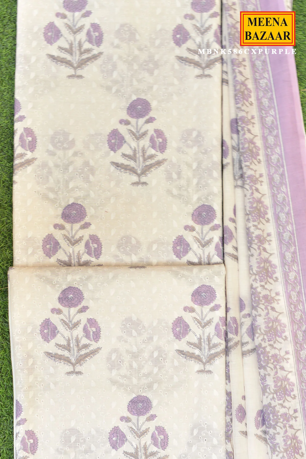 Purple Bloom Printed Cotton Suit Set with Dupatta - Image 4