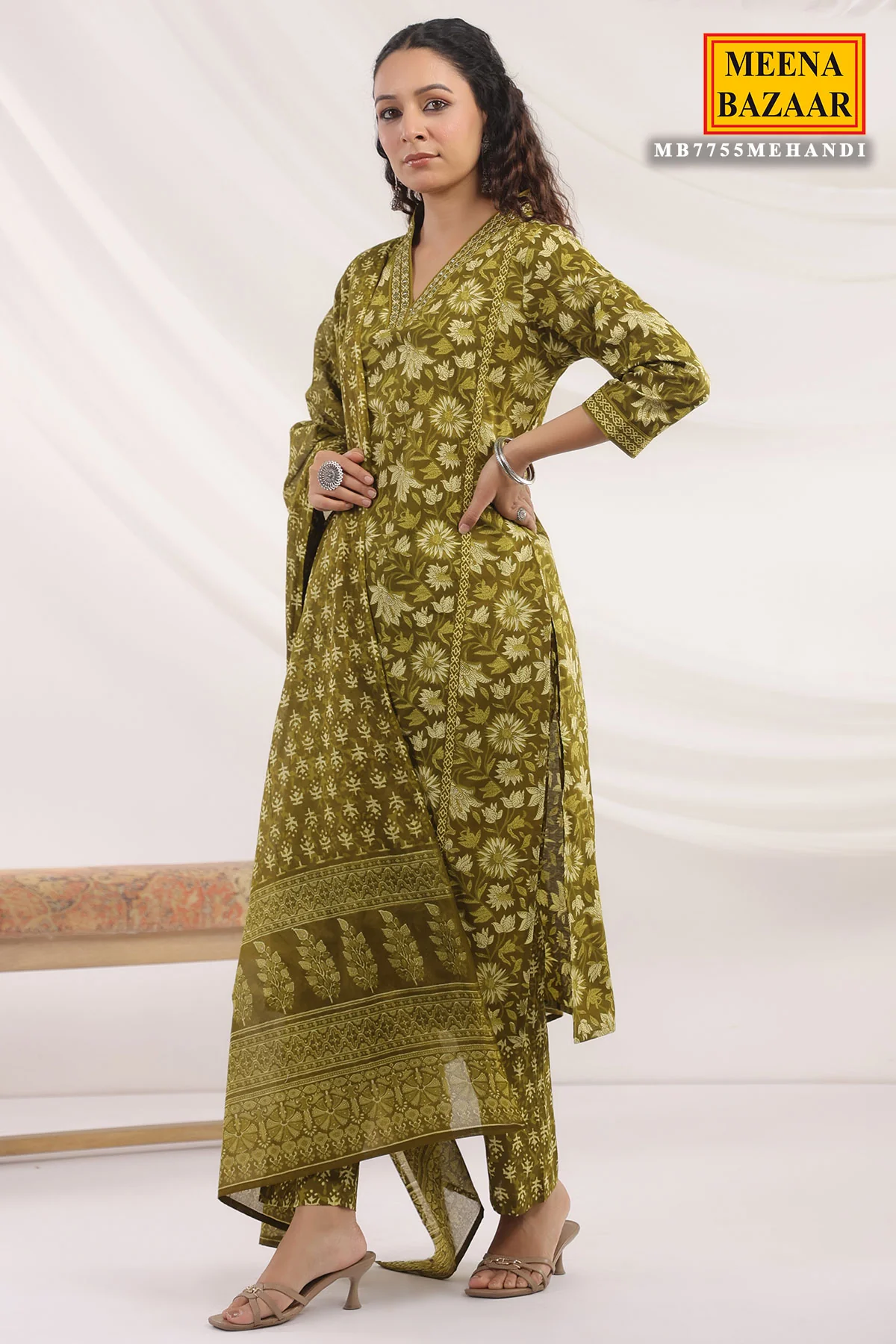 Mehandi Cotton Ready made Suit with Embroidered Neck - Image 10
