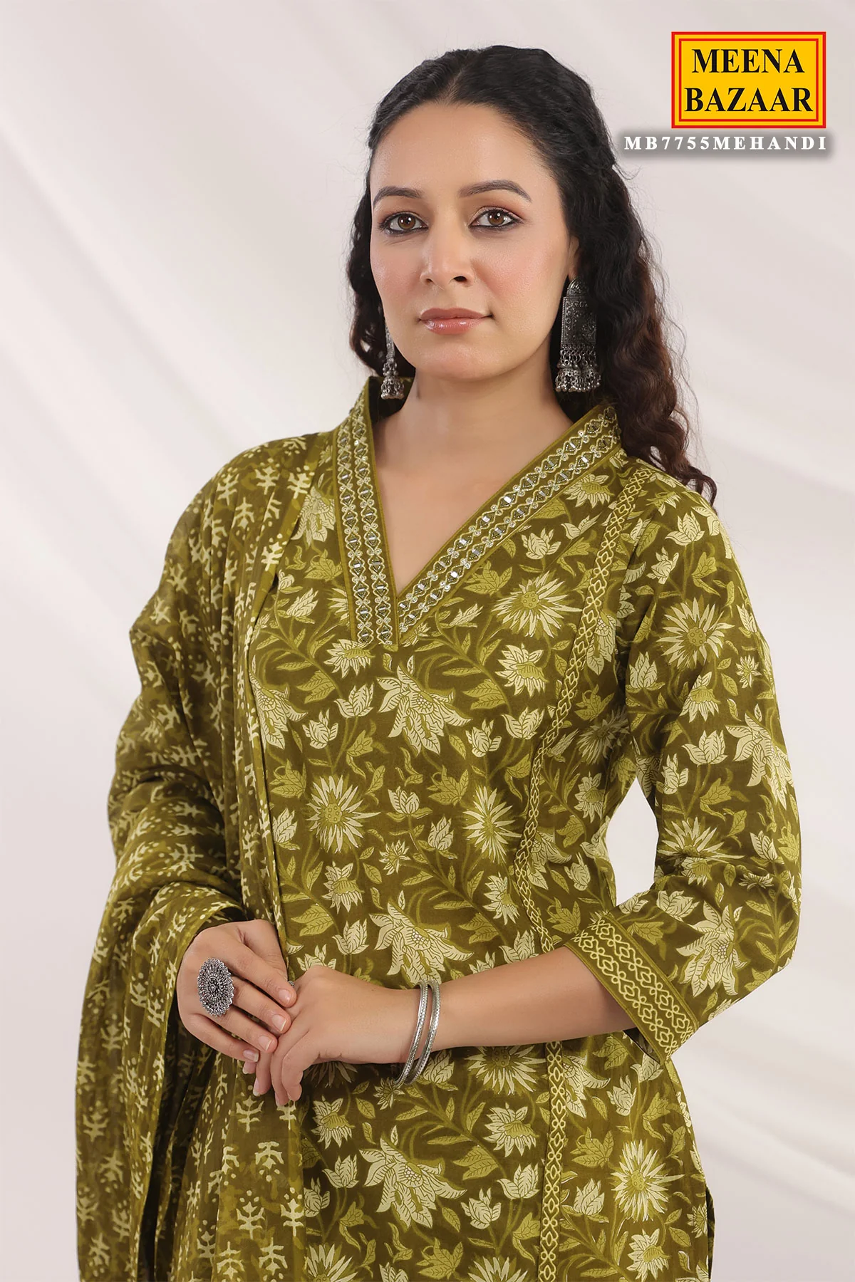 Mehandi Cotton Ready made Suit with Embroidered Neck - Image 3