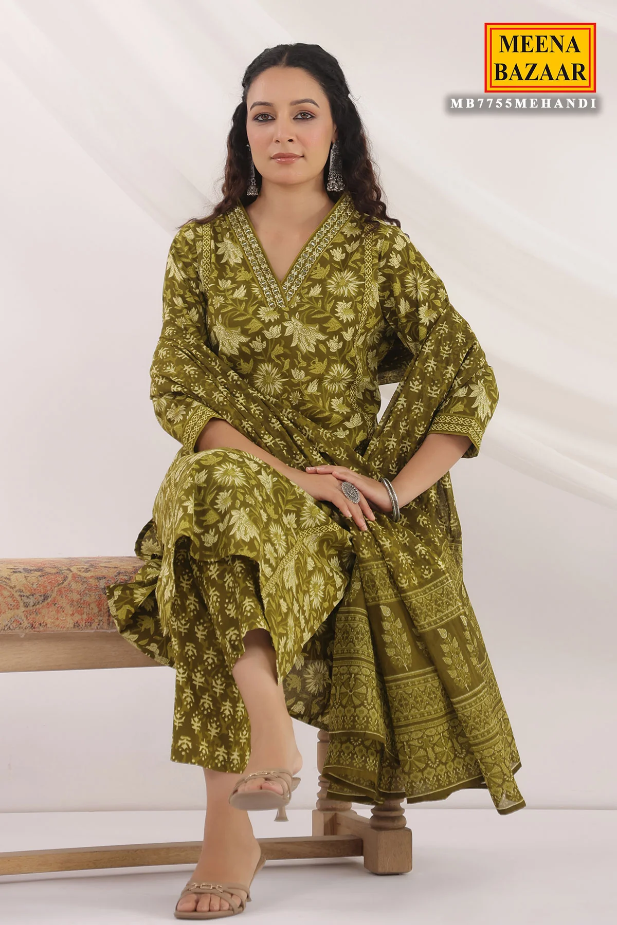Mehandi Cotton Ready made Suit with Embroidered Neck - Image 4