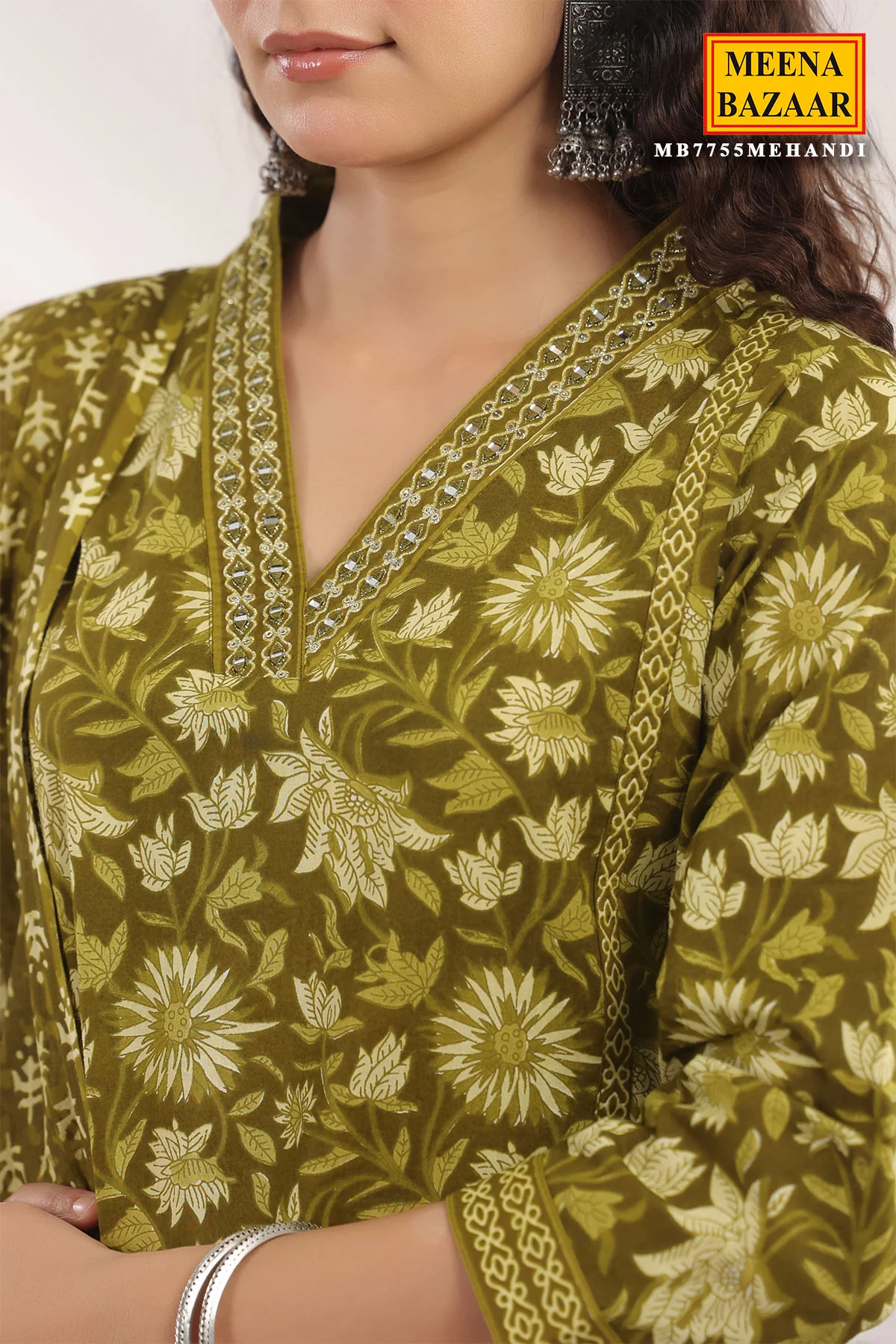 Mehandi Cotton Ready made Suit with Embroidered Neck - Image 5