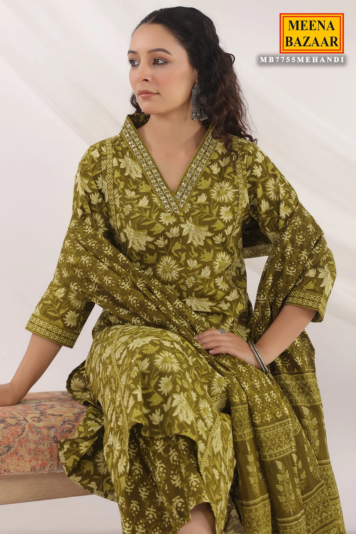Mehandi Cotton Ready made Suit with Embroidered Neck - Image 6