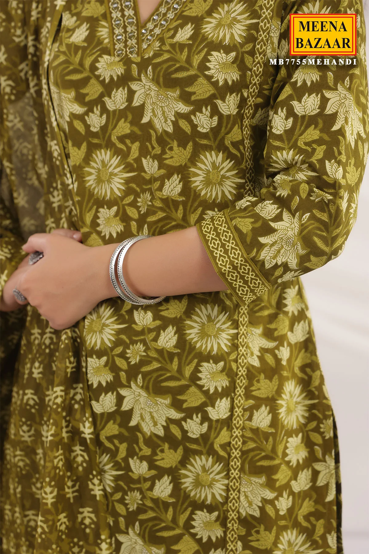 Mehandi Cotton Ready made Suit with Embroidered Neck - Image 7