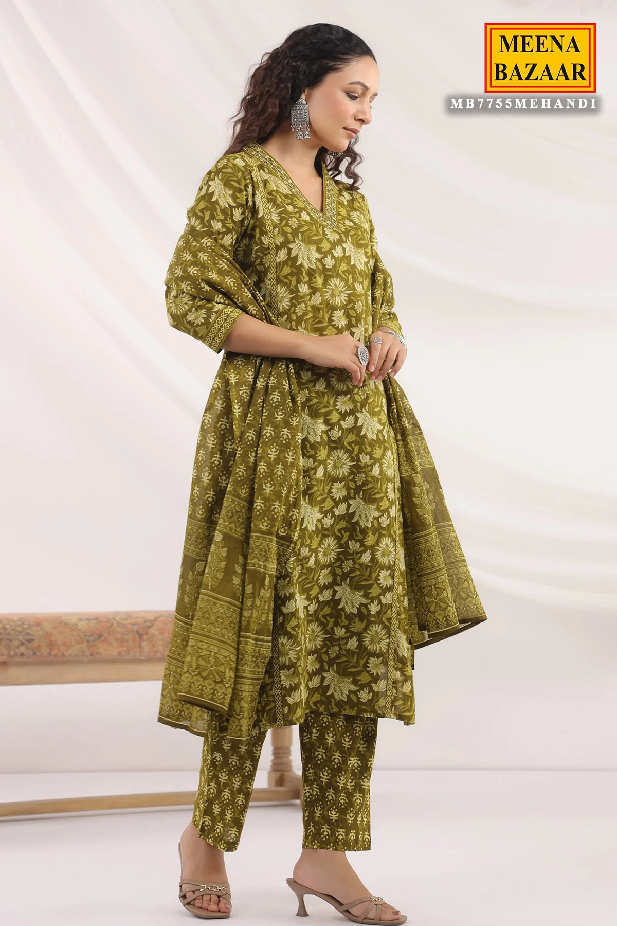 Mehandi Cotton Ready made Suit with Embroidered Neck - Image 8