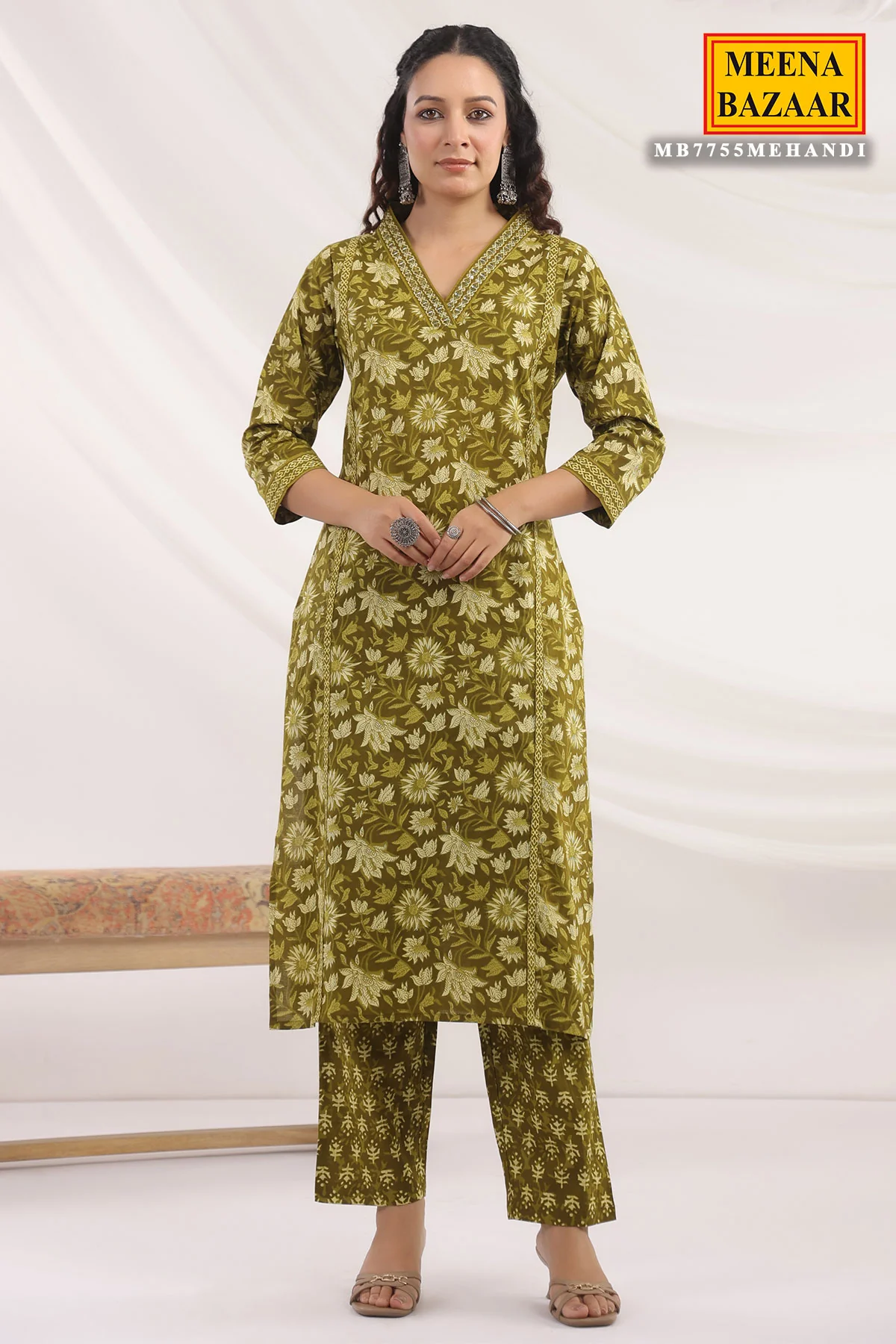 Mehandi Cotton Ready made Suit with Embroidered Neck - Image 9