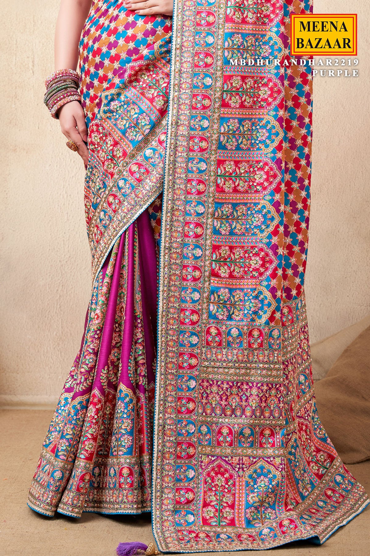 Purple Satin Silk Printed Designer Saree with Ready-Made Blouse - Image 3