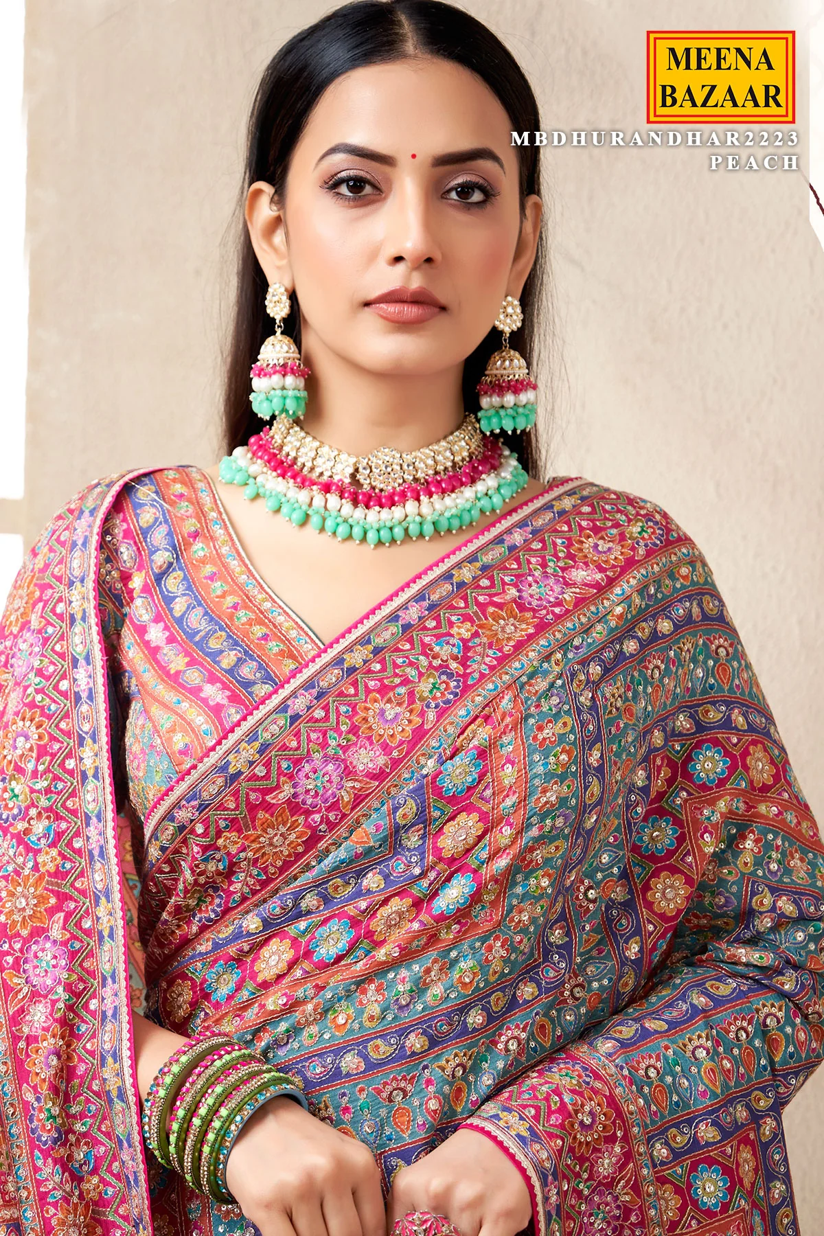 Firozi Satin Silk Printed Designer Saree with Ready-Made Blouse - Image 2