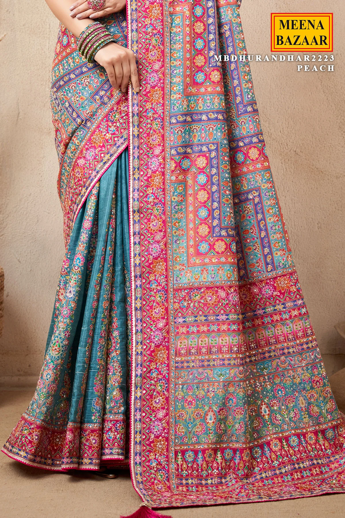 Firozi Satin Silk Printed Designer Saree with Ready-Made Blouse - Image 3