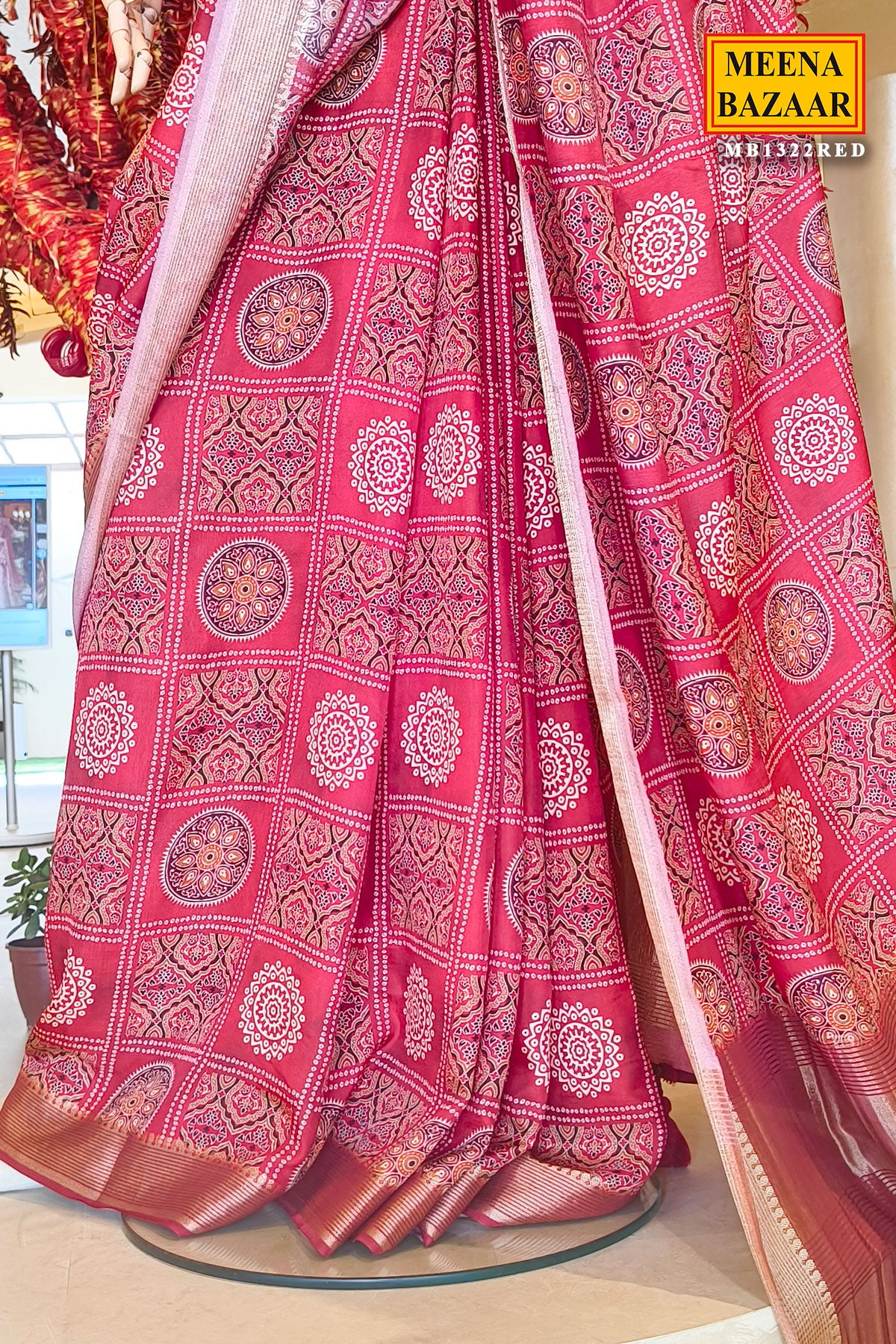 Radiant red cotton Saree with Intricate Motifs - Image 4