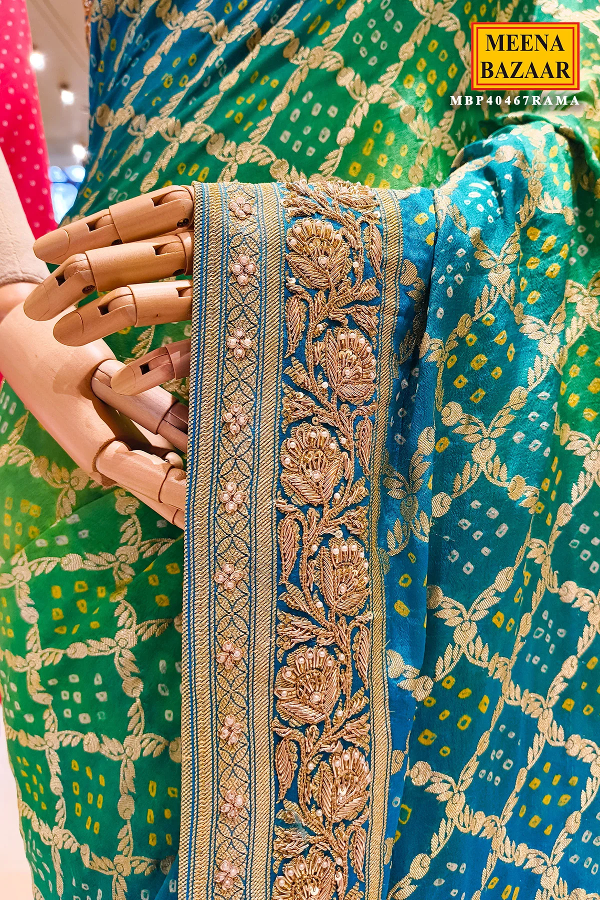 Rama Bandhani Saree with Dabka Embroidery - Image 3