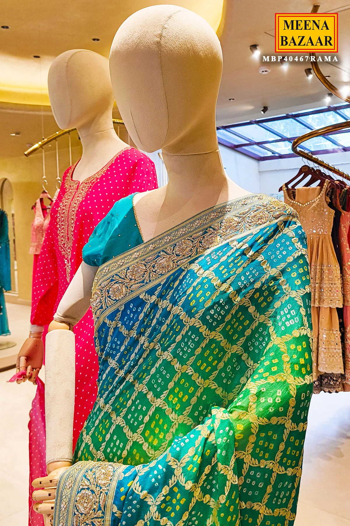 Rama Bandhani Saree with Dabka Embroidery - Image 4