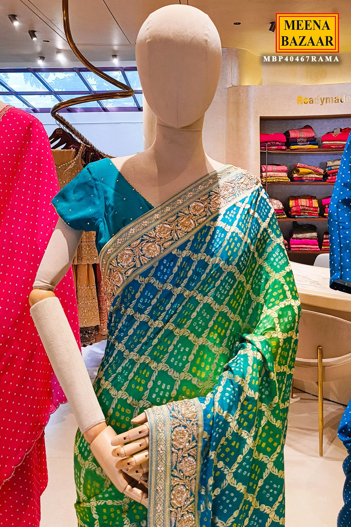 Rama Bandhani Saree with Dabka Embroidery - Image 5