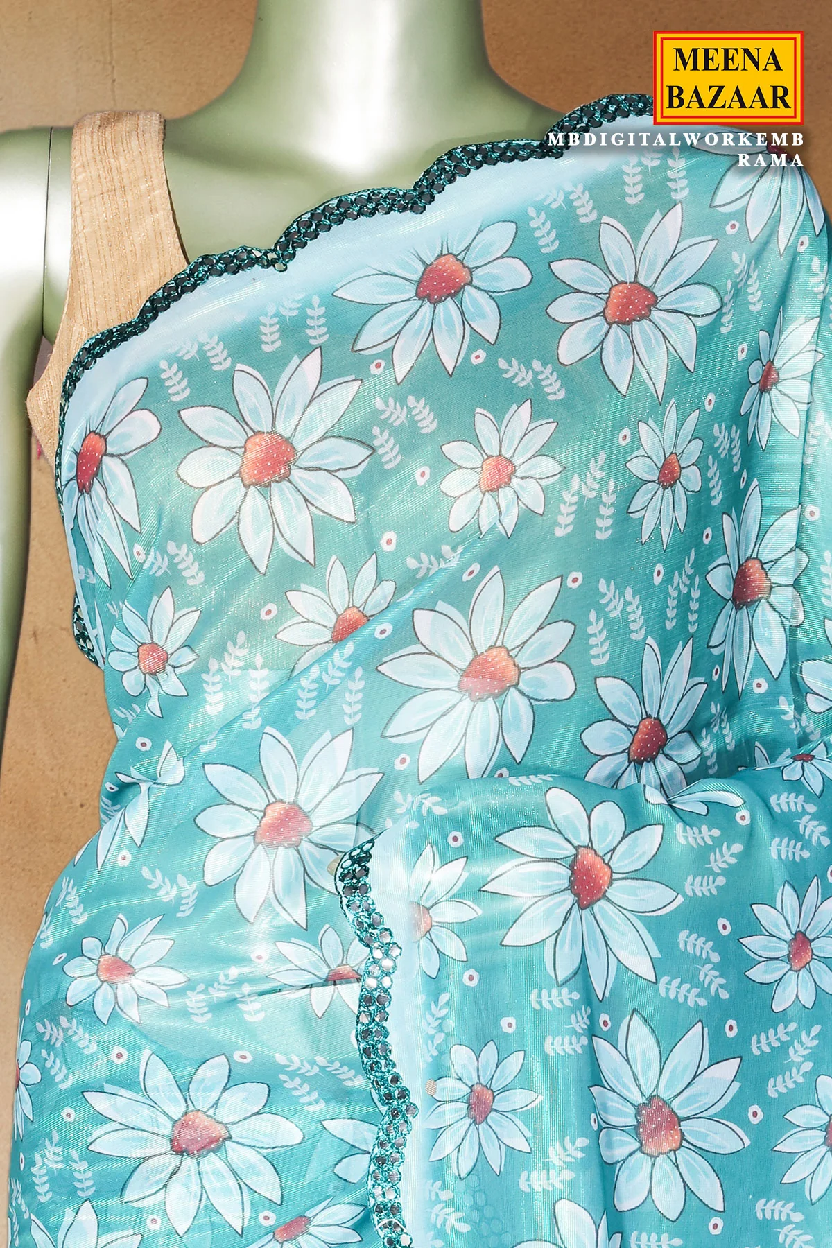 Rama Georgette Saree with Floral Digital Embroidery - Image 3