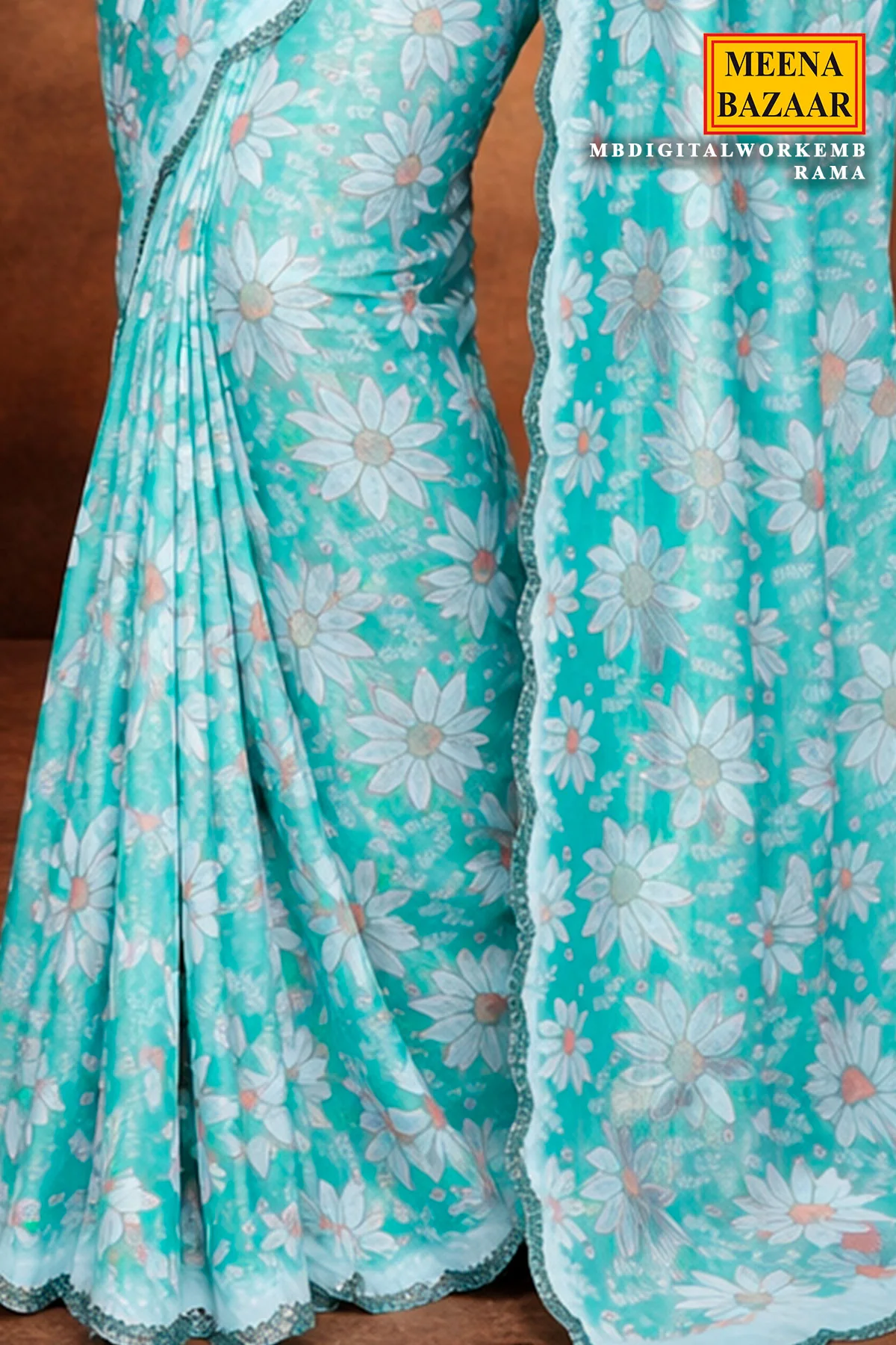 Rama Georgette Saree with Floral Digital Embroidery - Image 5