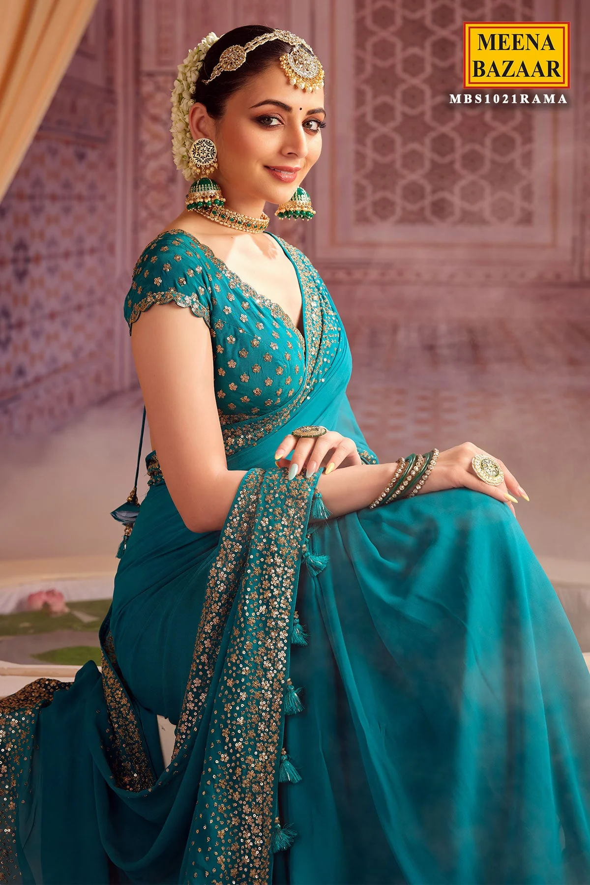 Rama Georgette Zari and Sequins Embroidered Saree - Image 2