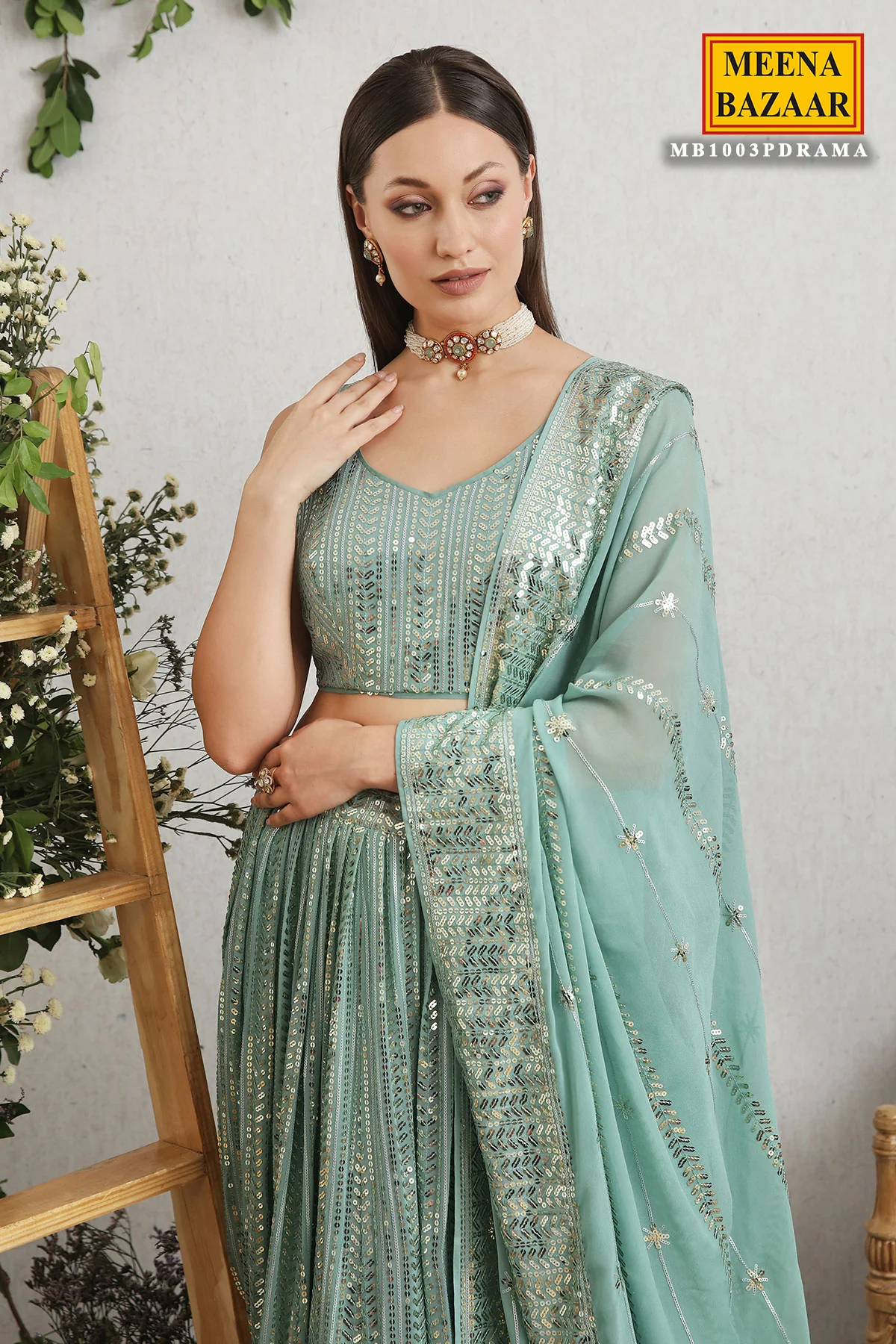 Rama Green Georgette Sequins Embroidered Lehenga - Image 2