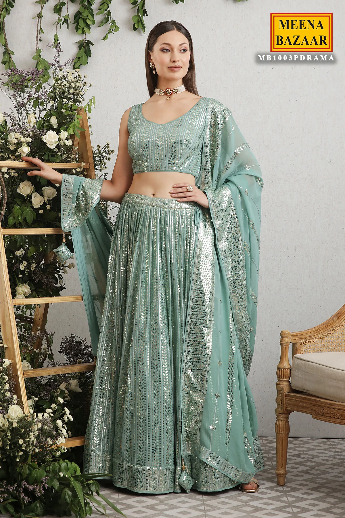 Rama Green Georgette Sequins Embroidered Lehenga - Image 3