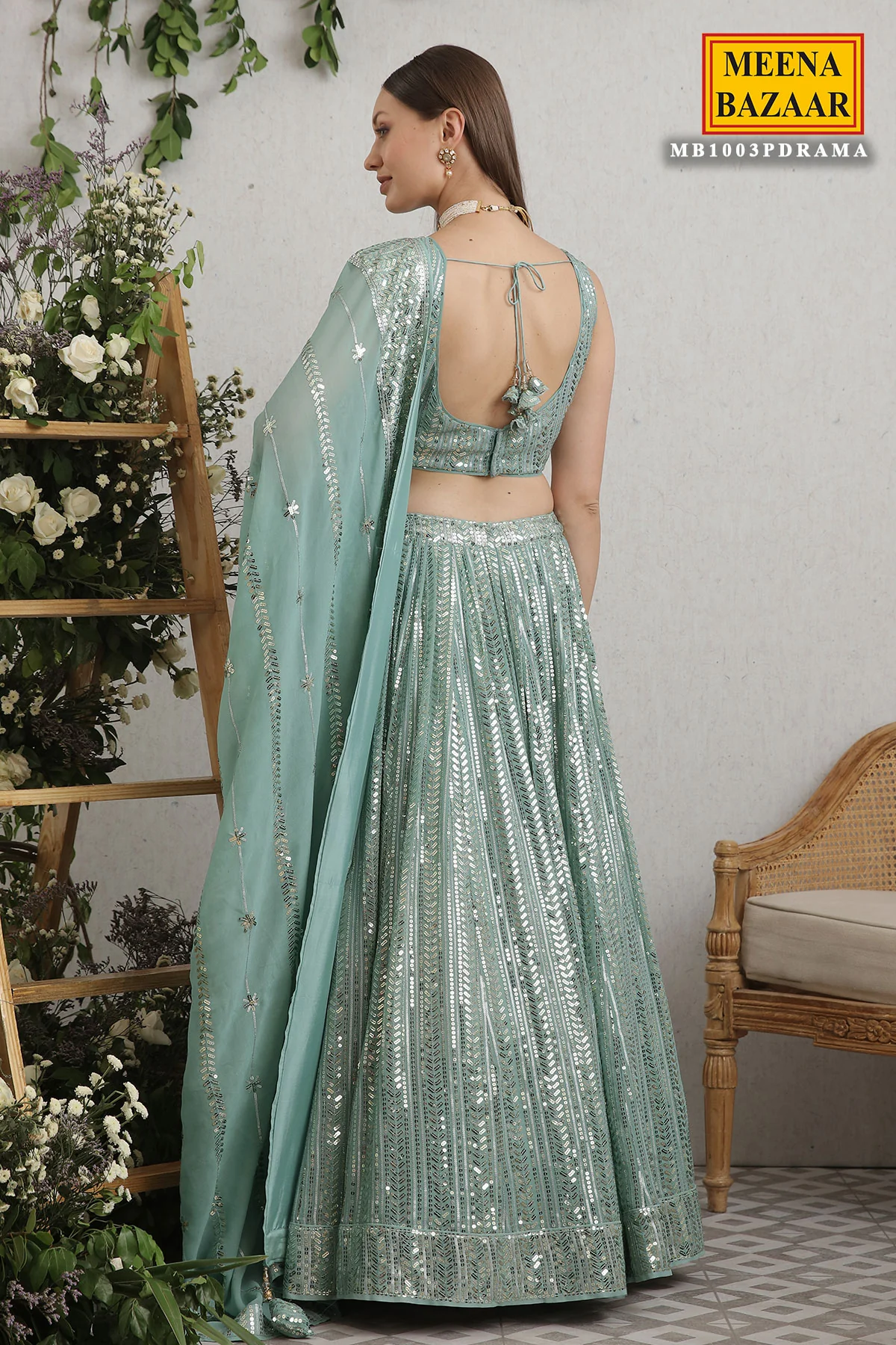 Rama Green Georgette Sequins Embroidered Lehenga - Image 5