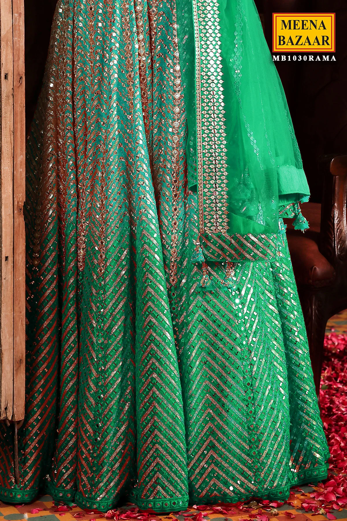 Rama Green Sequins Embroidered Georgette Lehenga - Image 3