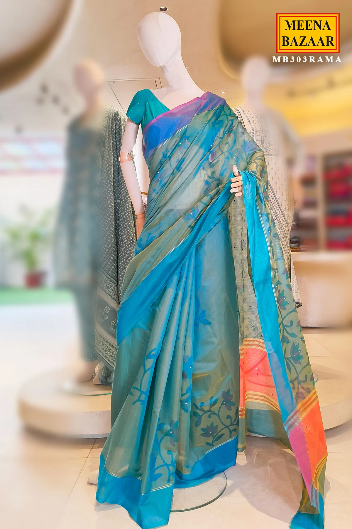 Rama Mirror Work Cotton Saree - Image 2