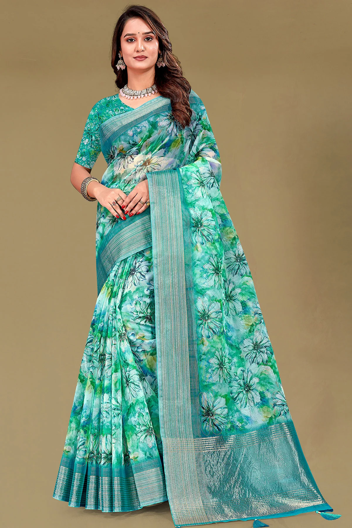 Rama Organza Saree with Floral Embroidery & Shimmer Border