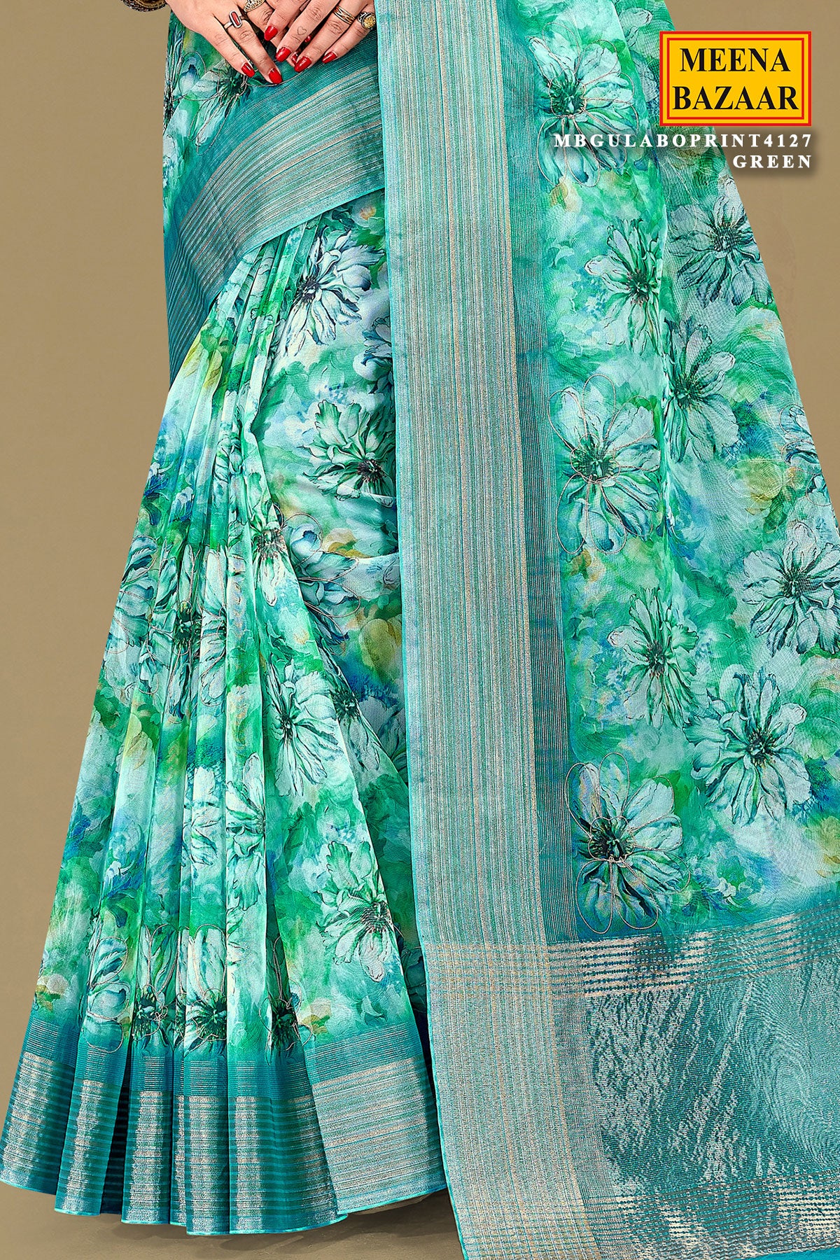 Rama Organza Saree with Floral Embroidery & Shimmer Border - Image 3