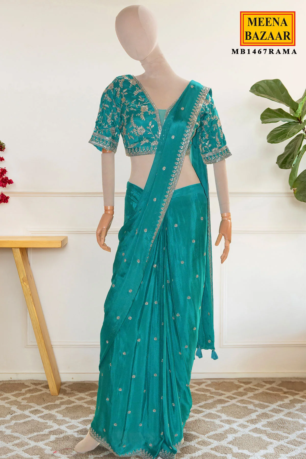 Rama Saree with Designer Blouse - Image 2