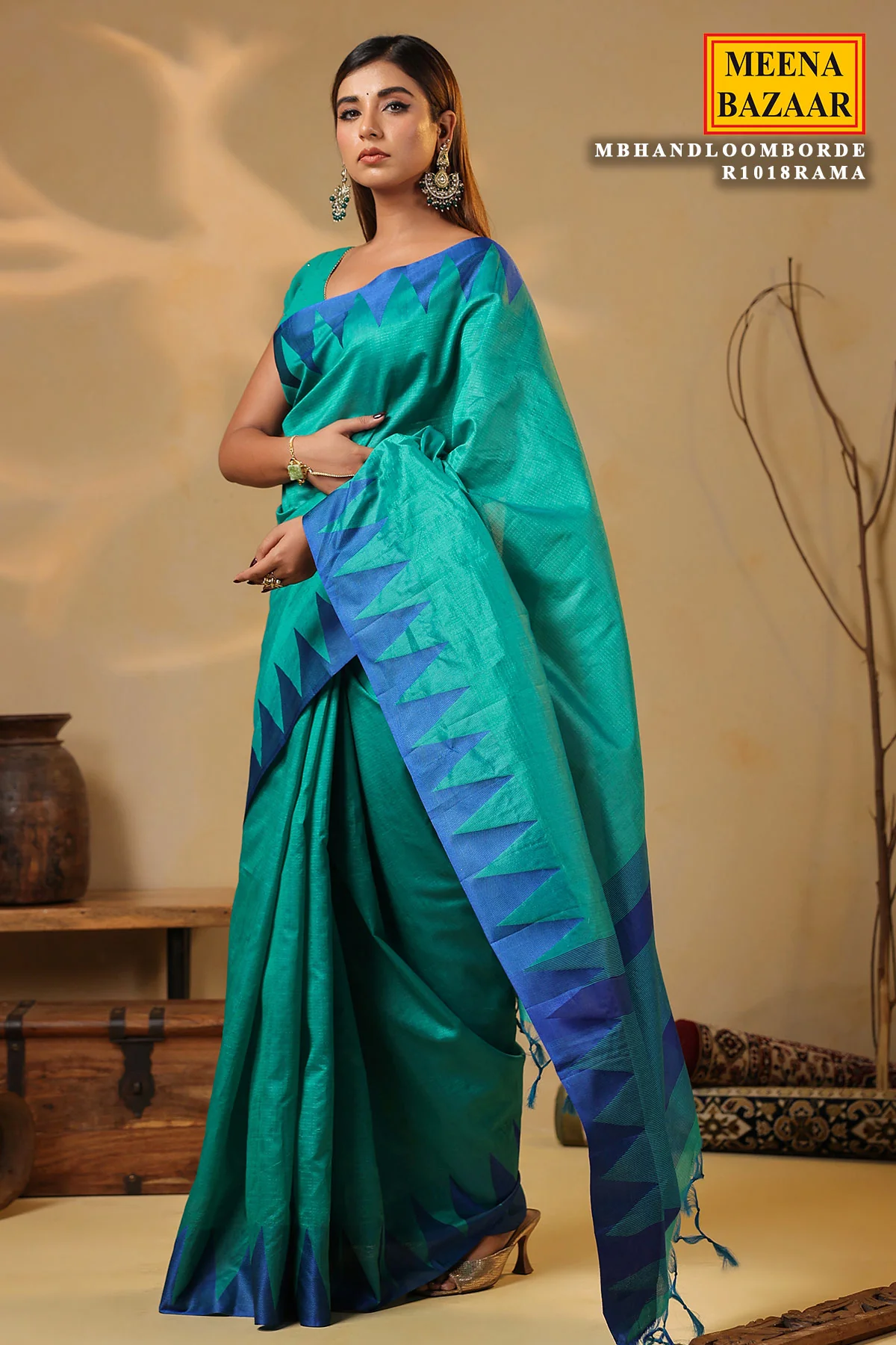 Rama Silk Handloom Border Weaving Saree Traditional Festive Wear - Image 3